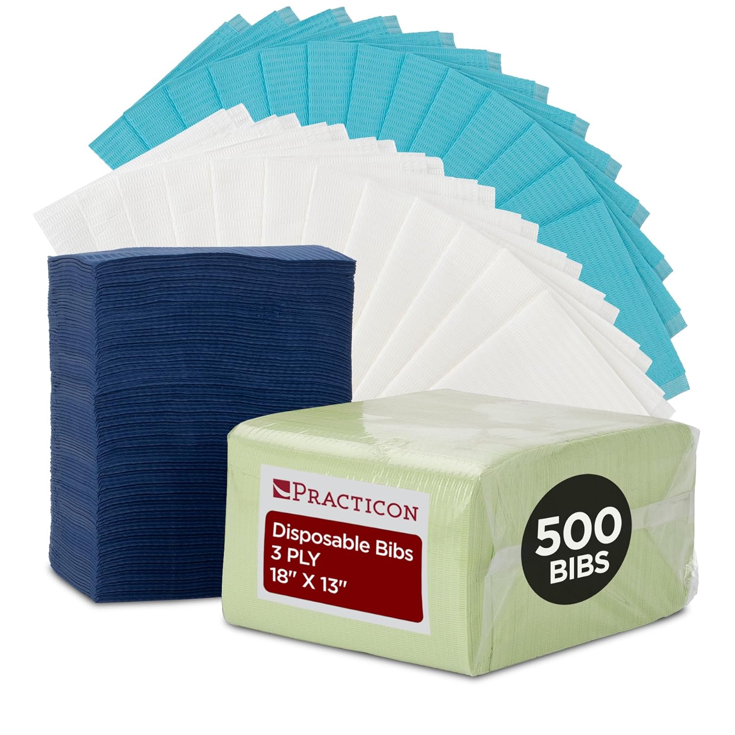Practicon 500 Pack Light Blue Disposable Patient Bibs, 18" x 13", 3 Ply Waterproof Paper Bib Sheet with Poly Back, Dental, Medical, Tattoo, Nail Tray or Table Cover, Case of 500