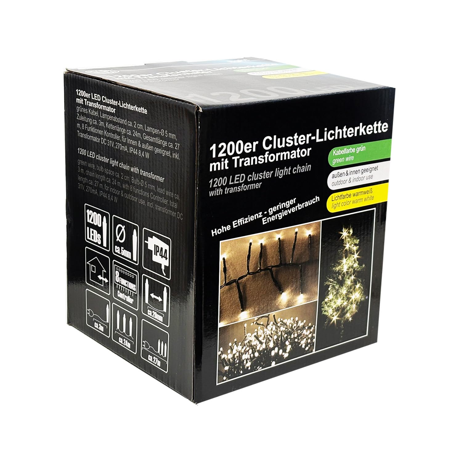 1200er Cluster-Lichterkette LEDs Trafo warmweiß Kabel Dunkelgrün Innen und Außen
