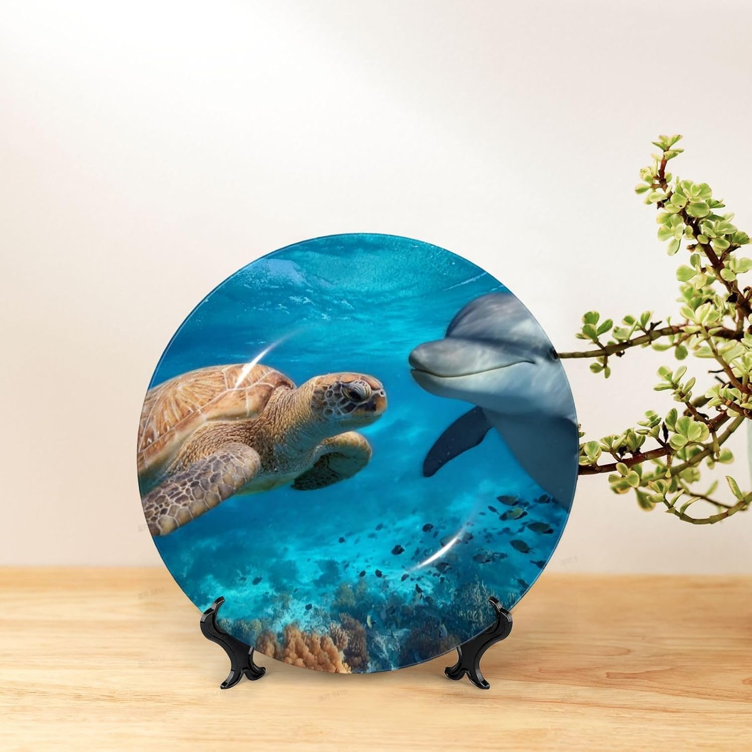 Bone China Decorative Plate with Display Sea Turtle Dolphin Fish Ceramic Plates Crafts Art Decor Dessert Plate Ceramic Ornament Porcelain Plates for Living Room Kitchen Table Home Decor