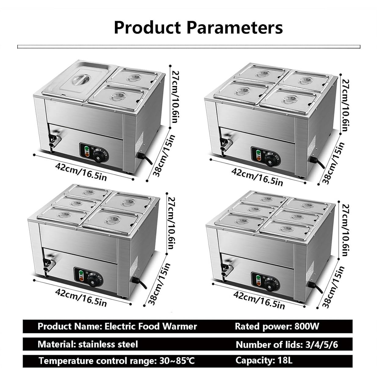 Scaldavivande Elettrico per Buffet, 18L Commerciale Scaldavivande per Zuppe Temperatura Regolabile 0-85℃, Scaldavivande Da 800 W, Vassoio per Servire a Buffet per Formaggio/Hot Dog/Riso,3Lids