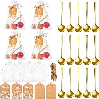 Gueevin 100 Set Wedding Tea Spoon Favor 4.7'' for Guest Bulk, Stainless Steel Mini Dessert Teaspoon with 100 Gift Tag Drawstring Organza Bag and Rope for Gift Tea Party Bridal Shower Favor (Round)