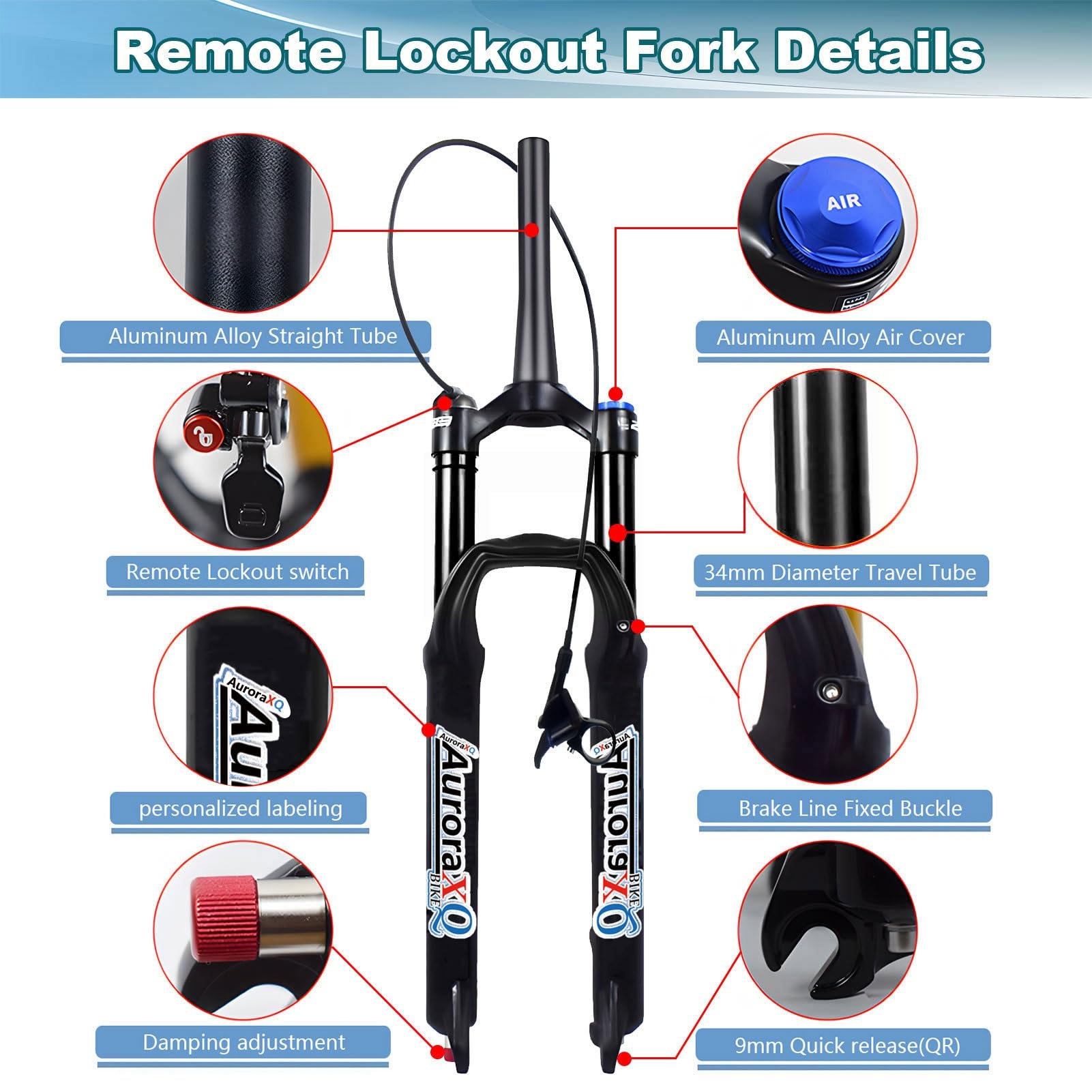 Forcella Ammortizzata AuroraXQ per Mountain Bike da 26/27,5/29 Pollici, Escursione 140 mm, Dritta/conica, Regolazione del Ritorno 1-1/8", sgancio rapido Anteriore 9 mm
