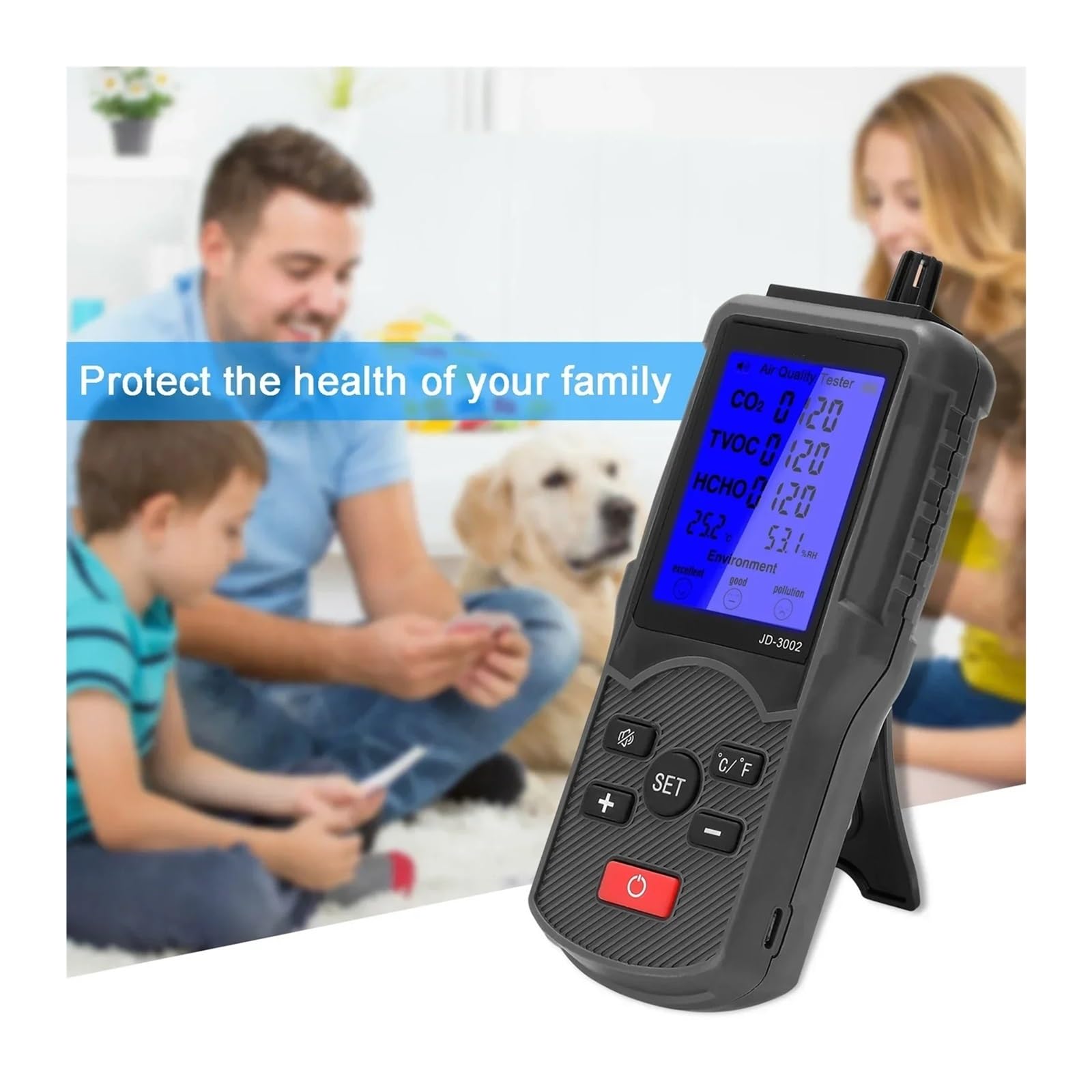 Rilevatore di qualità 'aria Monitor CO2 HCHO TVOC con display LCD per umidità e temperatura | Letture di CO2, HCHO, TVOC, temperatura e umidità in tempo reale con allarme e spegnimento automatico.(Paper box)