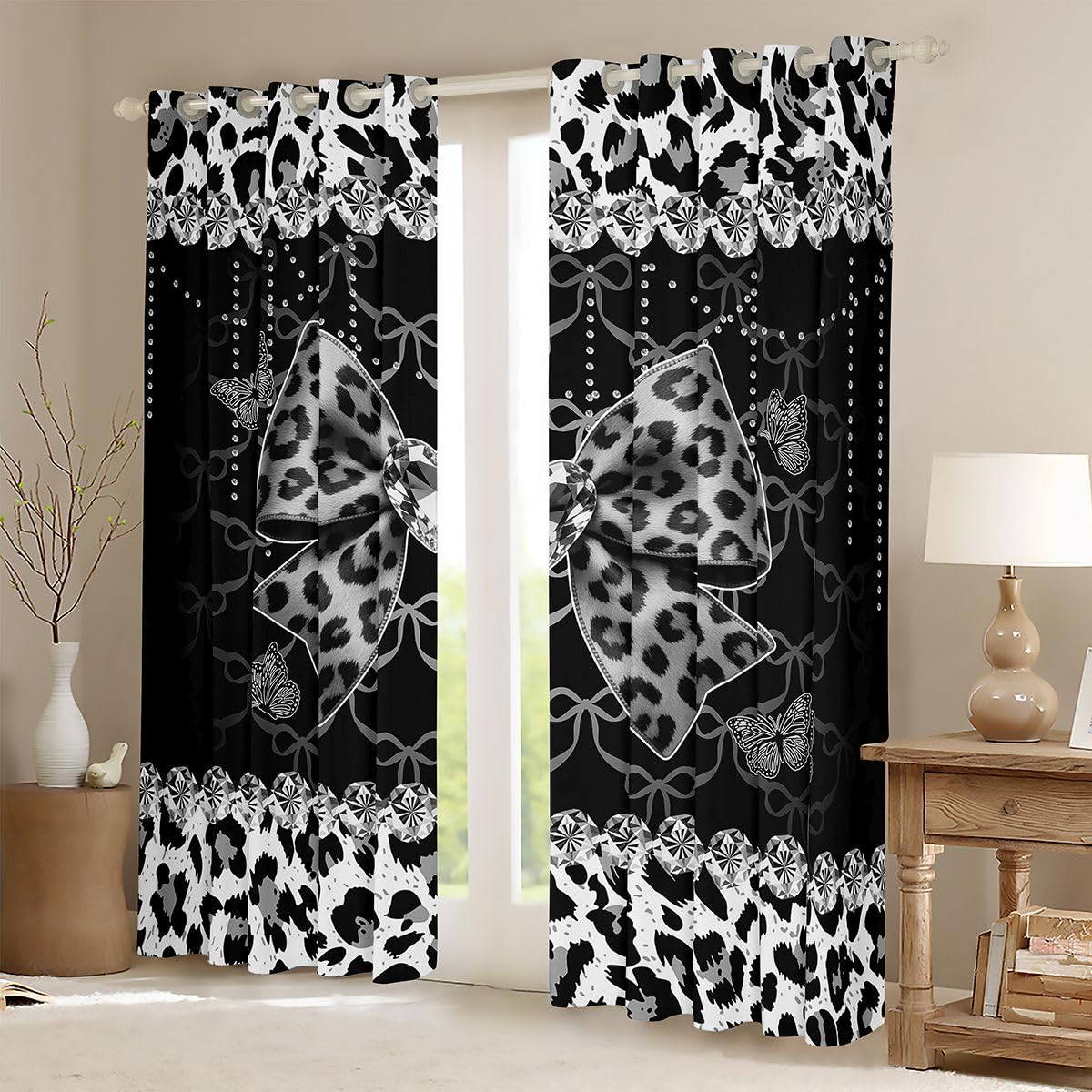 Homewish Kokarda nadruk w panterkę kot gepard czarno-szare zasłony okienne 117 x 137 cm, 2 zestawy paneli - kokardka ombre, zasłony zaciemniające, motyle, zasłony okienne, wstążka