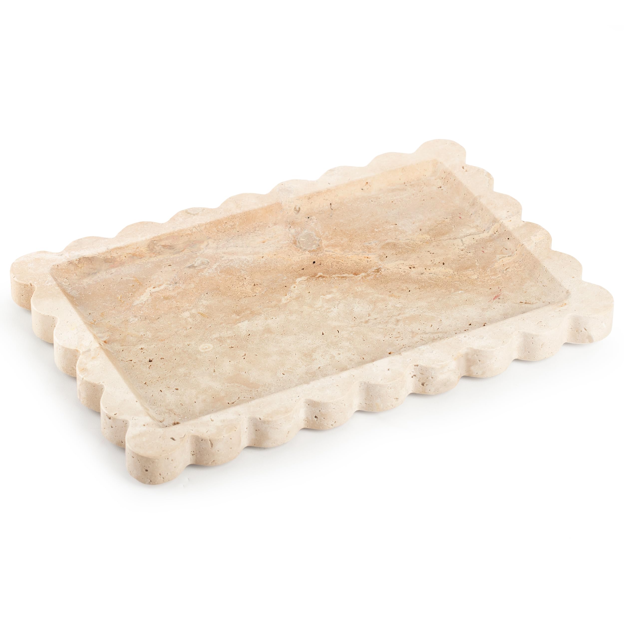 Photo 1 of Scalloped Marble Tray, Natural Marble Vanity Tray, Decorative Catchall Trays, Rectangular Travertine Tray for Kitchen Counter, Bathroom, Vanity, Dresser, Beige Travertine, 7.87"x11.81"