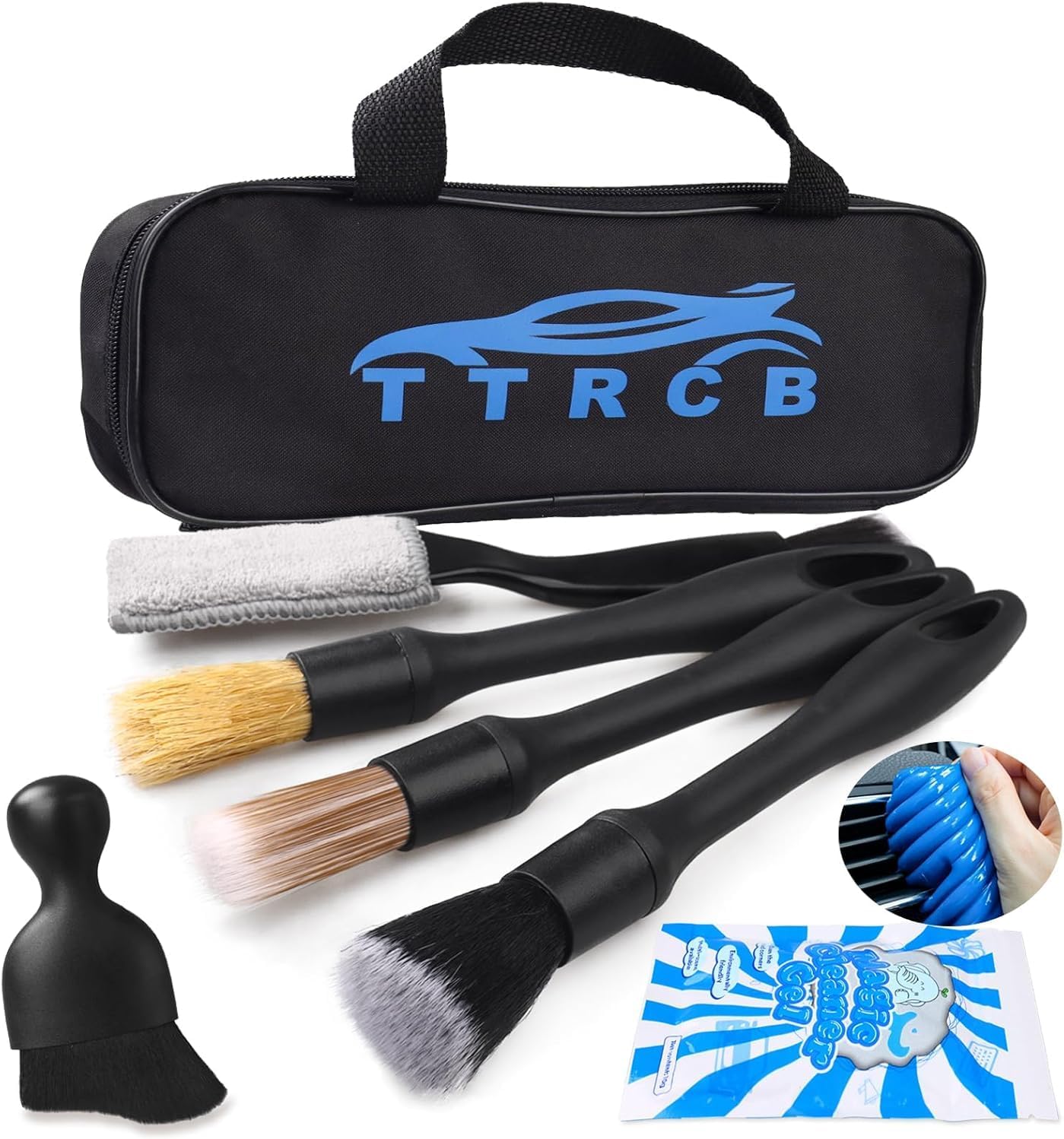 7-Piece Car Detailing Brush Set with Ultra Soft Boar Hair Brushes and Cleaning Gel Supplies for Interior and Exterior