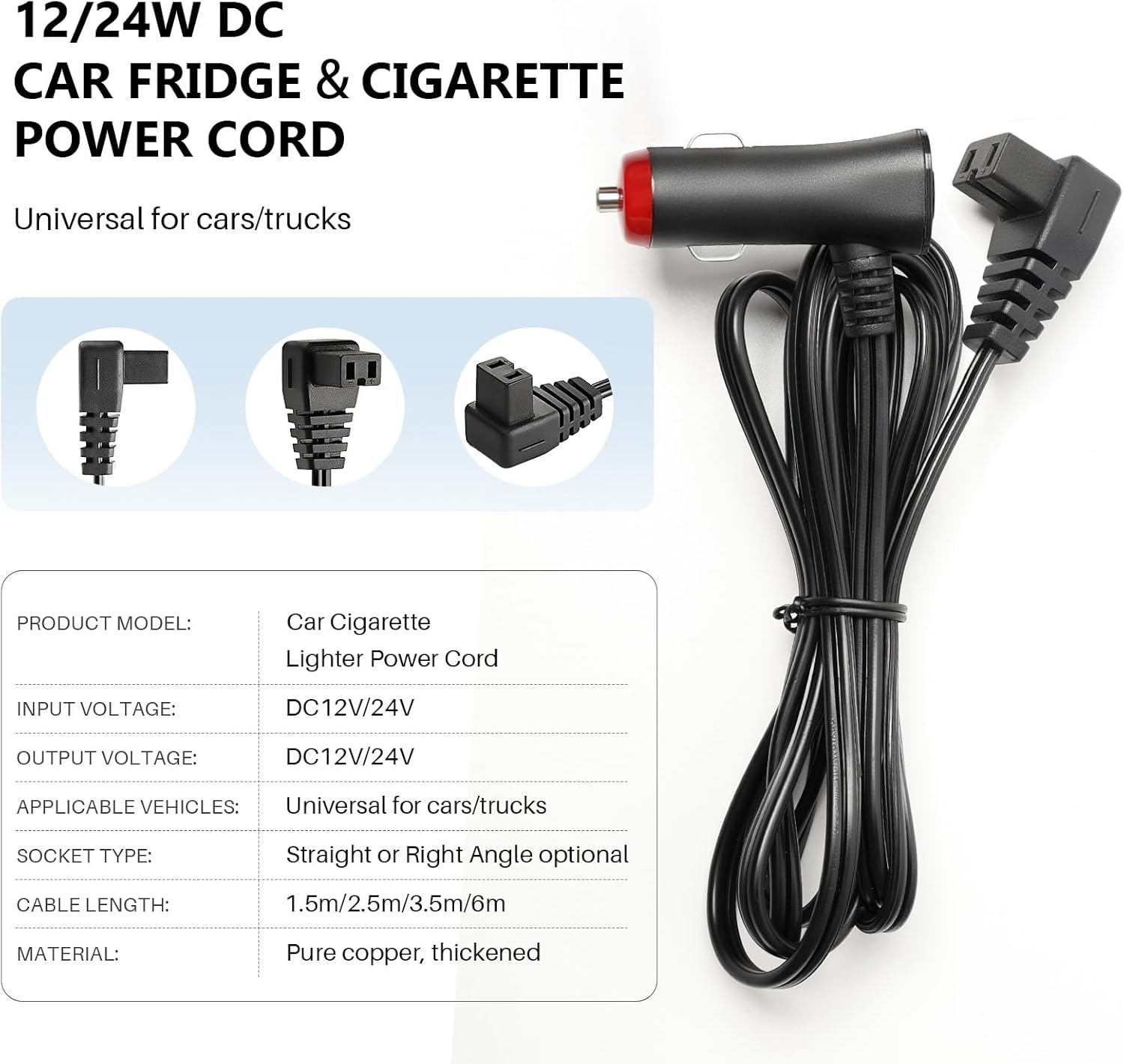 Eonvic 12V/24V Car Fridge Power Supply Cable Cigarette Lighter Plug Car Extension Cable for Cool Box Dometic, Alpicool, Waeco CF, ARB, Setpower, ICECO, Mobicool FR40 (RA-6M)