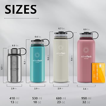 ACTIVE FLASK Water Bottle Stainless Steel + Straw (3 Lids): 1L 700ml 500ml