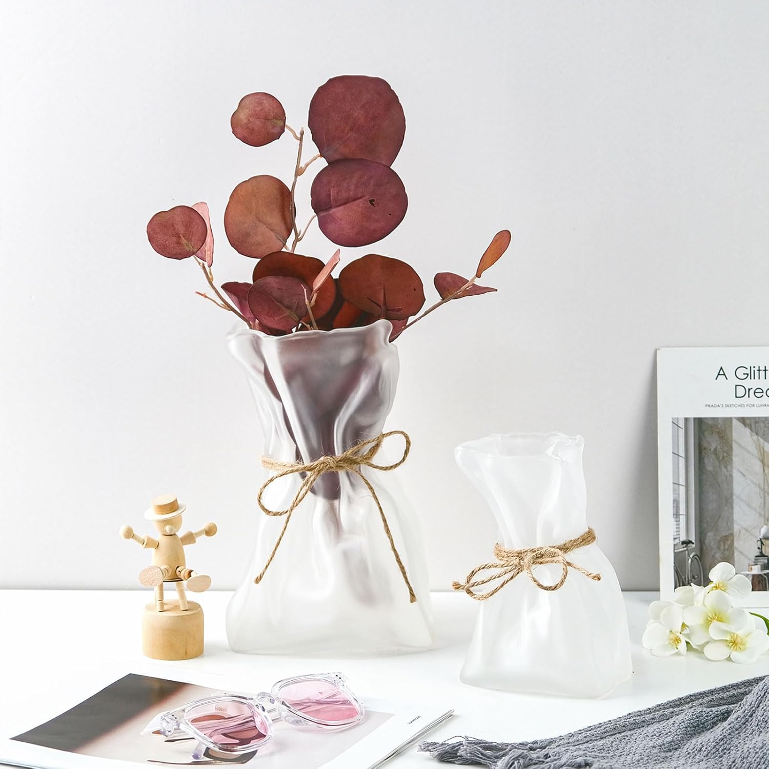 WHJY Glass Purse Vase for Flowers, Glass Bag Vase, Matte Aesthetic Flower Vase Unique Home Décor for Wedding, Dinning, Bookshelf