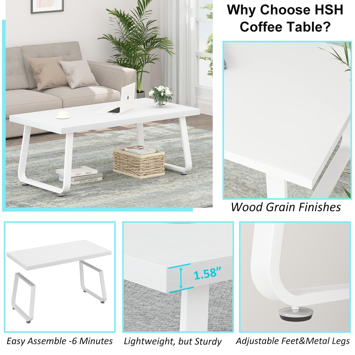 HSH Couchtisch Weiß, Wohnzimmertisch aus Holz Metallgestell, Sofatisch, Tisch, Beistelltisch, Kaffeetisch, Couchtisch Klein für Wohnzimmer, Teetisch aus Holz, Modern,Weiß 100B x 55T x 46.5H cm