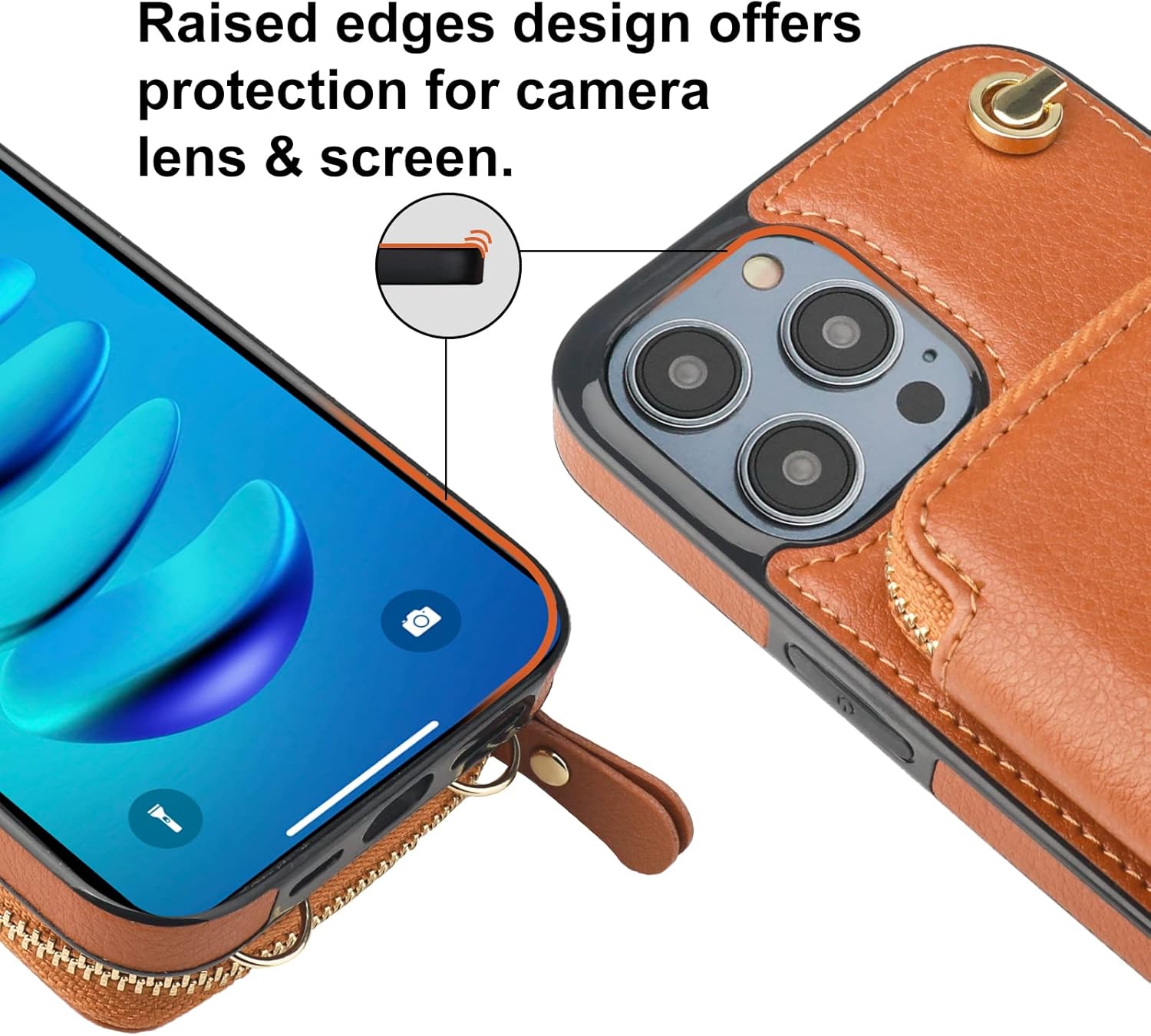 Bocasal Crossbody Wallet Case for iPhone 14 Pro Max, RFID Blocking Leather Purse Case with Card Holder, Protective Handbag Flip Cover with Zipper Wrist Strap Lanyard for Women 5G 6.7 Inch (Brown)