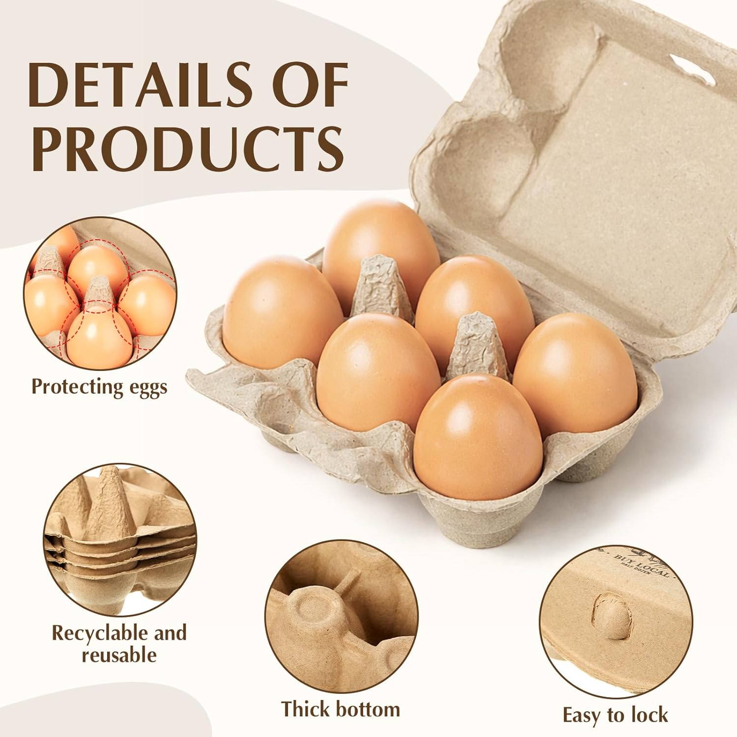 LemonRoad 100 Pack Egg Cartons Bulk 6 Count Half Dozen Holds Cardboard Natural Paper Pulp Egg Cartons Reusable with Instruction Cards Jute Rope Empty Tray Holder for Family Farm Market Storing