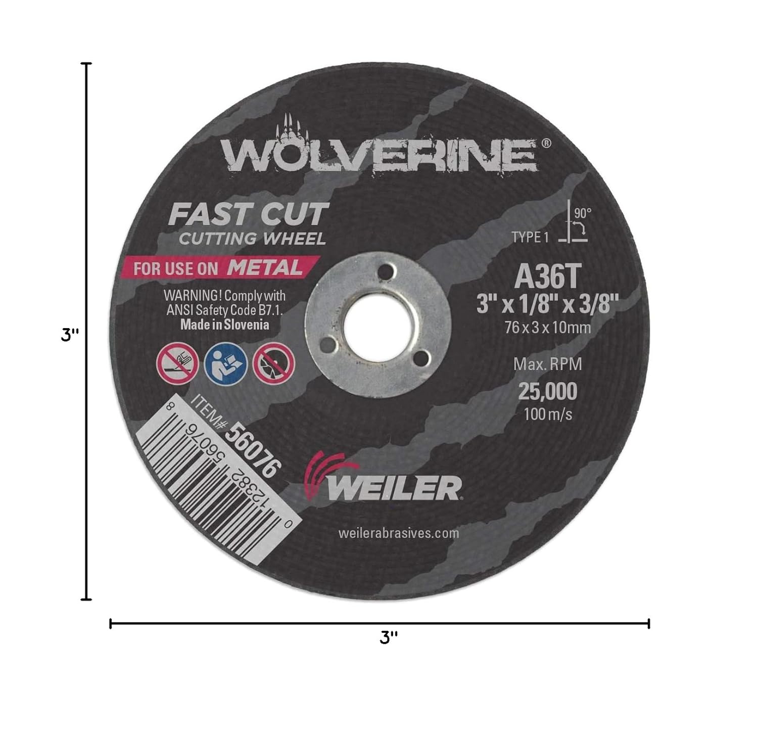 Weiler 56076 3-Inch Cutting Wheel, Wolverine AO Steel/Metal Fast Cut, Value Cutting, 1/8" A36T Type 1 3/8" Arbor (Pack of 100)