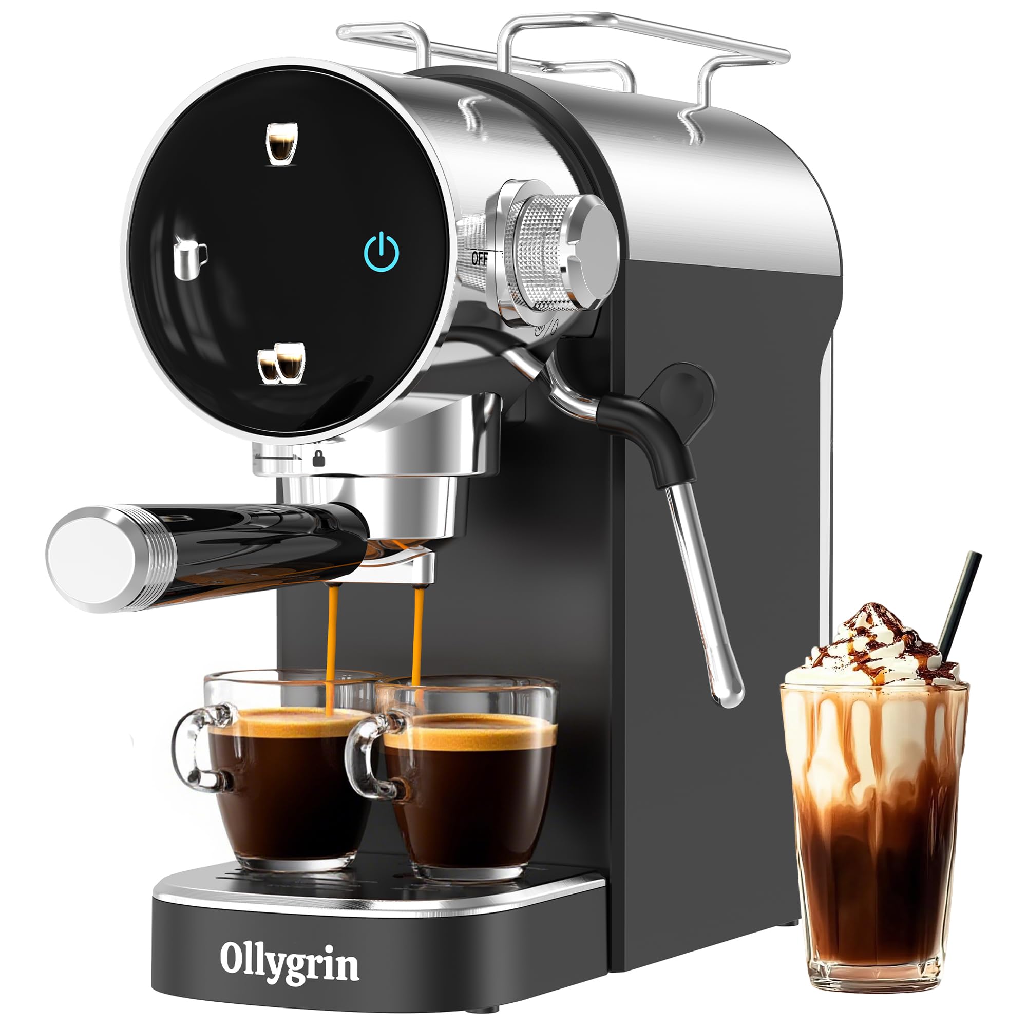 Ollygrin 20 Bar Espressomaschine mit Milchaufschäumer - Für Einzel- und Doppelshots, mit entnehmbarem Wassertank, Vorinfusion für cremigen Genuss - Ideal für Haushalt und Büro