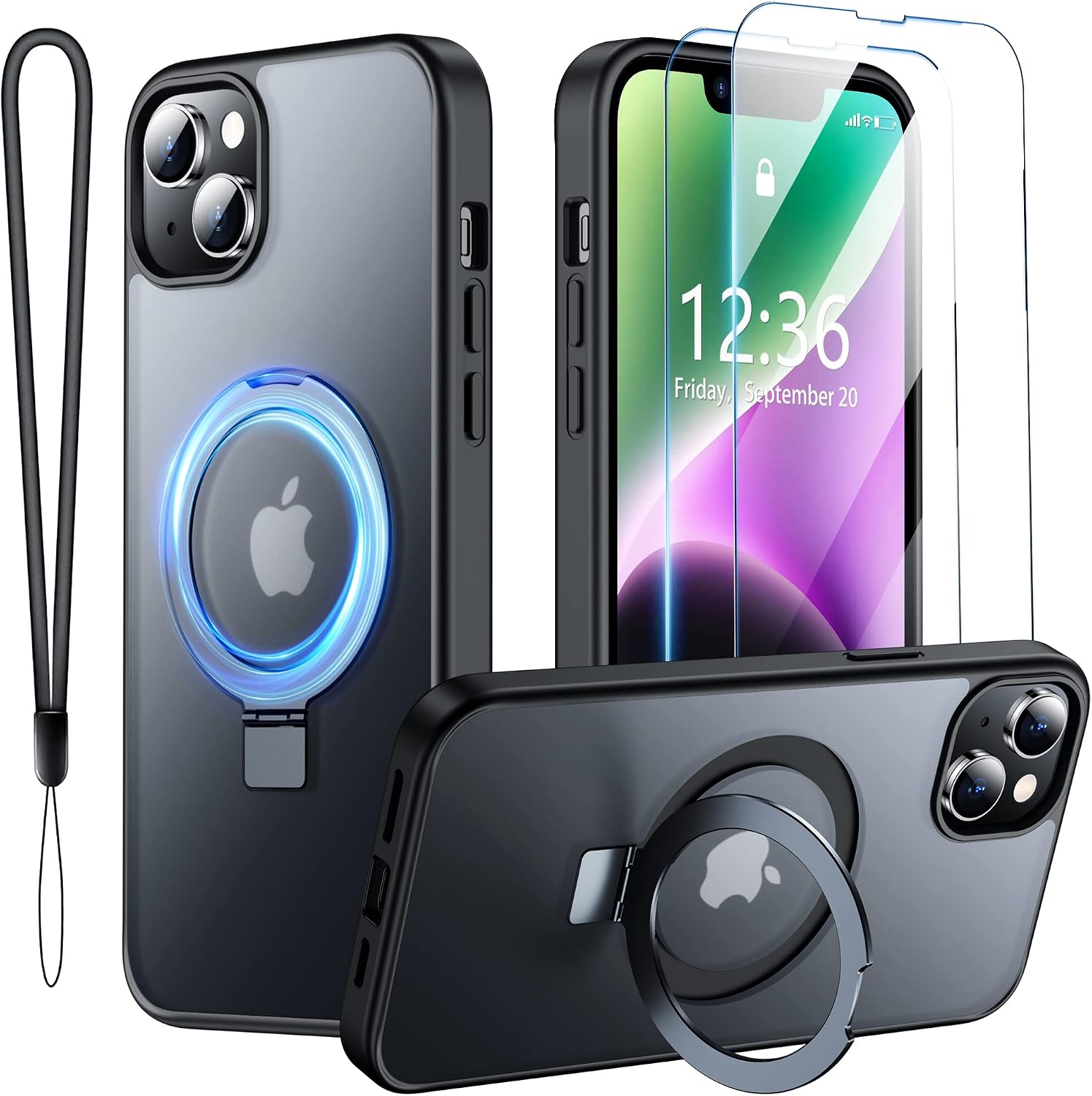 SPIDERCASE for iPhone 13 Case/iPhone 14 Case, with Magnetic Invisible Stand[10 FT Military Grade Drop Protection] [2 pcs Tempered Glass Screen Protector] Shockproof Slim Translucent Matte Case, Black