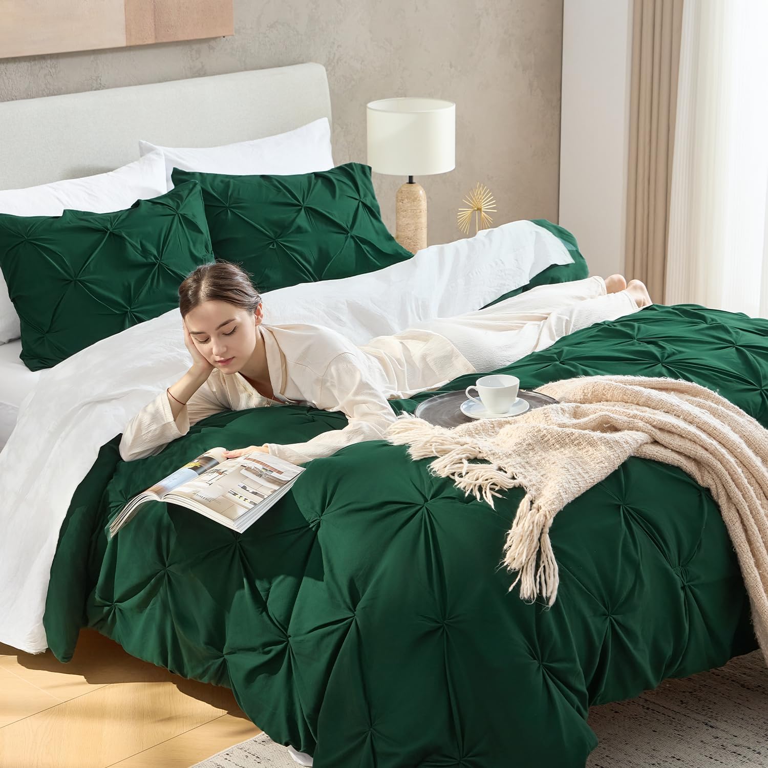 Andency Dark Green Oversized King Comforter Set (120x98Inch), 3 Pieces Lightweight Pinch Pleat Cal King Bedding Comforters & Sets, Oversized Pintuck Soft Fluffy Alternative Bed Set for All Season - Image 6