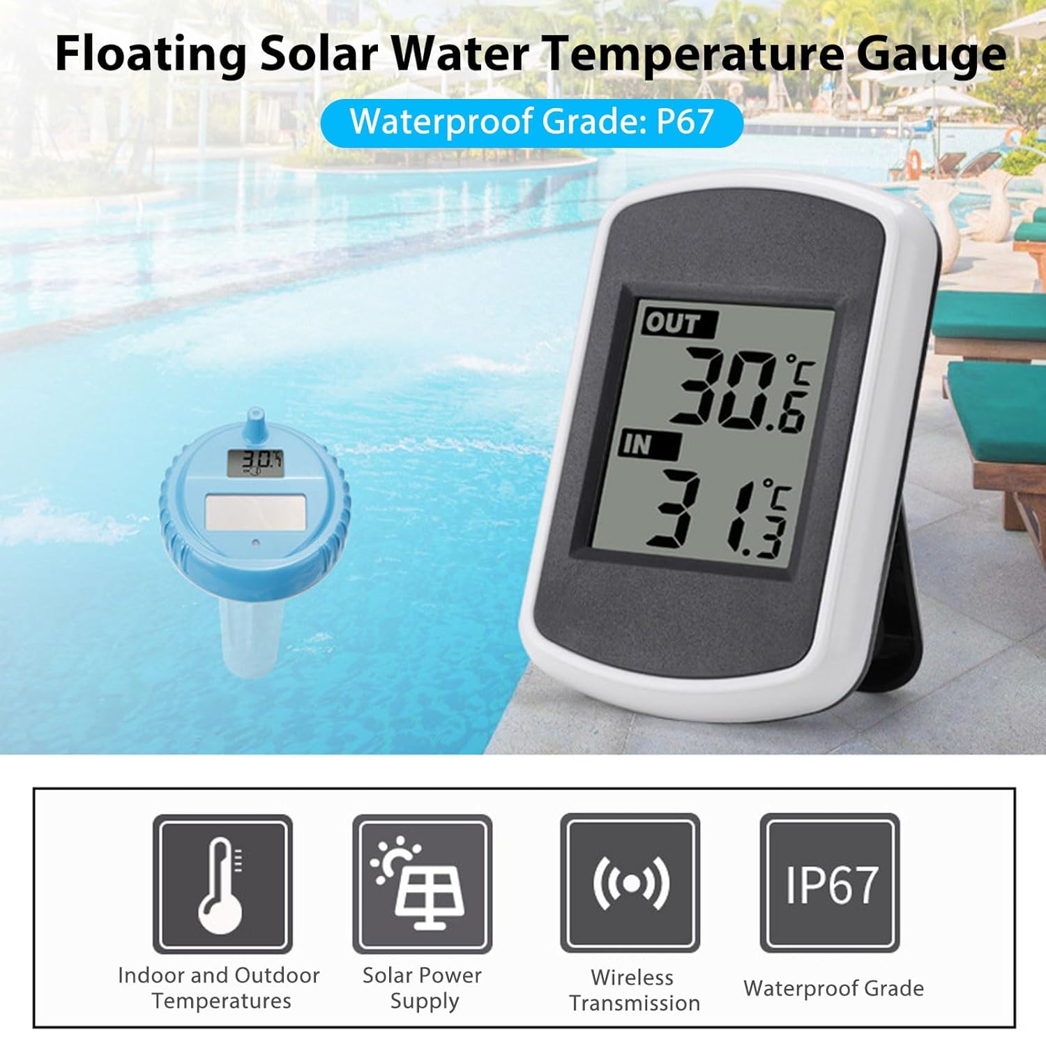 Floating Pool Thermometer Accurate Temperature Monitor Energy Saving Indoor Outdoor Display for Pool Management IP67 Impermeable