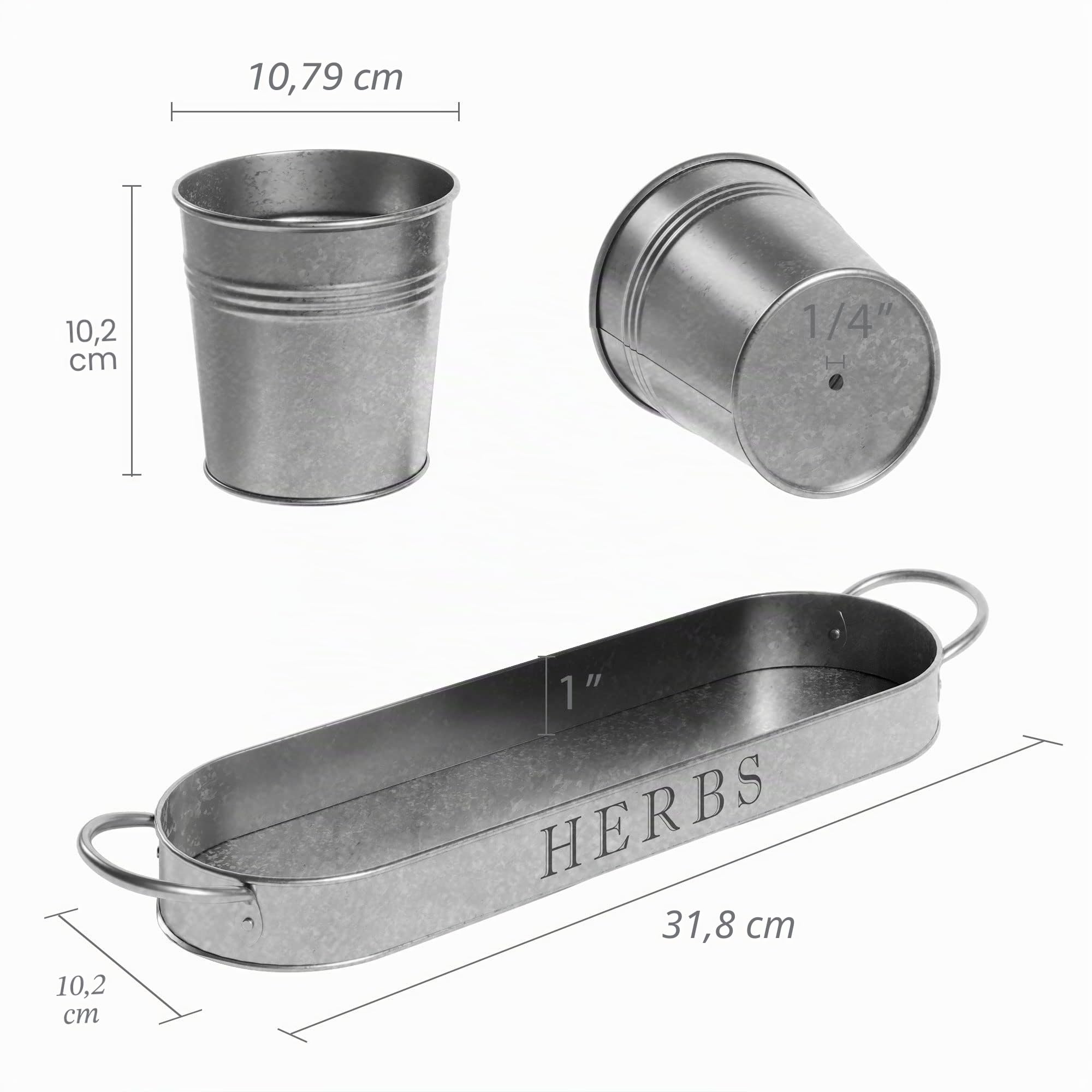 Barnyard Designs Set di fioriere per erbe aromatiche con vassoio, per giardino interno o esterno, vasi decorativi in metallo zincato, per cucina, (set da 3, 11 x 10 cm, su 32 x 10 cm)