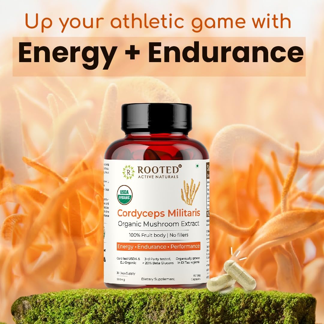 Rooted Active Naturals Organic Cordyceps Militaris Mushroom Extract Capsules, 500mg, 60 Count, Energy, Endurance, Performance (Pack of 2) - Image 6 thumbnail