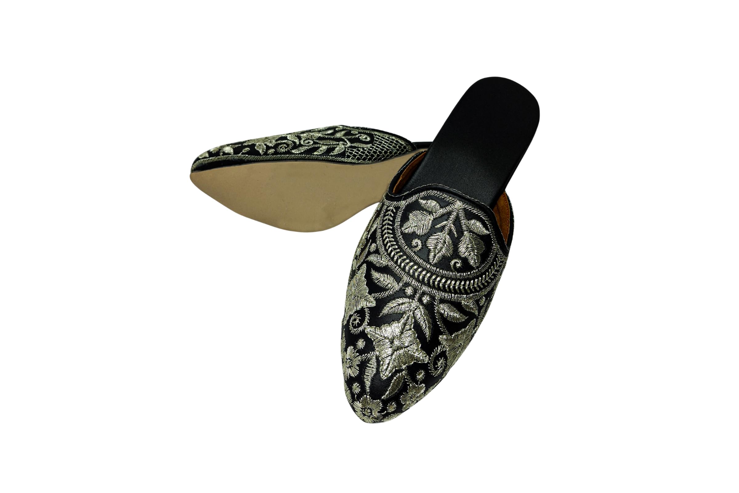 Luxury Women’s Black Embroidered Jutti | Golden Thread Leaf Pattern Design | Handcrafted Ethnic Slip-On Footwear | Perfect for Traditional & Festive Ethnic Wear-image-2