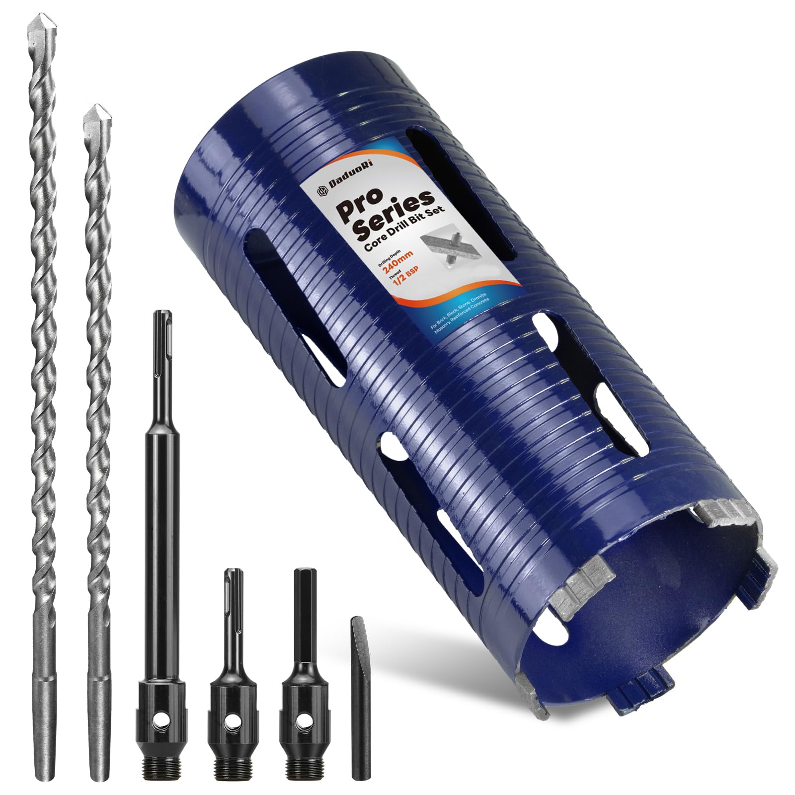DaduoRi Pro 107mm x 240mm Core Drill Bit Set, Include 3 Adapters(240mm & Regular SDS Plus, Hex), 2 Extra Long Centre Bits - For Deep Holes Core Drill in Concrete, Brick, Block, Stone, 1/2" BSP