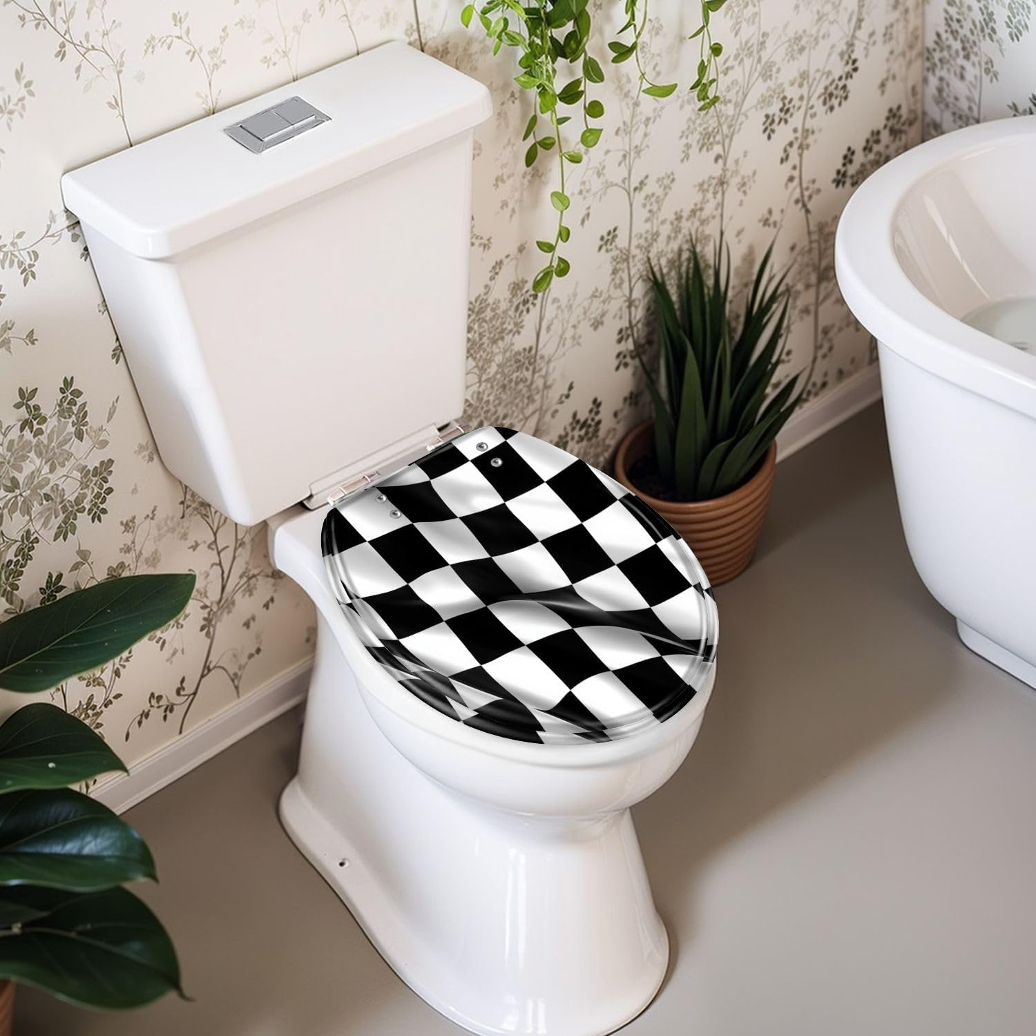 Round Resin Slow Quiet Close Toilet Seat with Checkered Race Flag Print Quick-Release Hinges Bumpers Easy to Clean Install