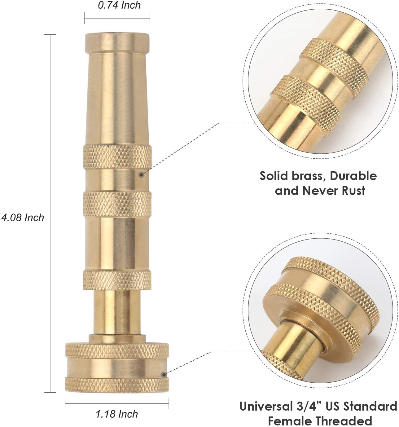 STYDDI Heavy Duty Brass Adjustable Hose Nozzle, 4" High Pressure Solid Brass Garden Hose Spray Nozzle with 6 Rubber Washers, Adjustable Twist Water Hose Nozzle, Adjustable Spray Patterns, 2 Pack