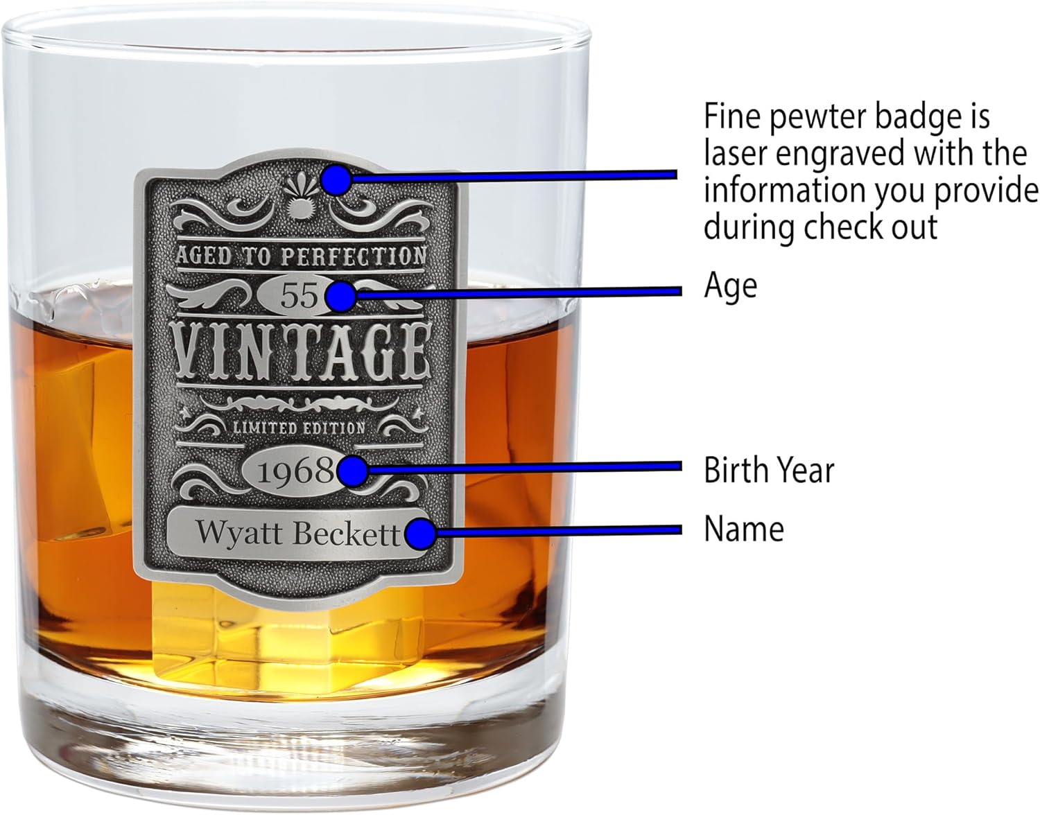 Indiana Metal Craft 13 Oz Double Old Fashioned Whiskey Rocks Glass with Personalized Vintage Aged to Custom Year, name, and age Pewter Emblem. Great for Birthdays and Anniversaries - USA Made