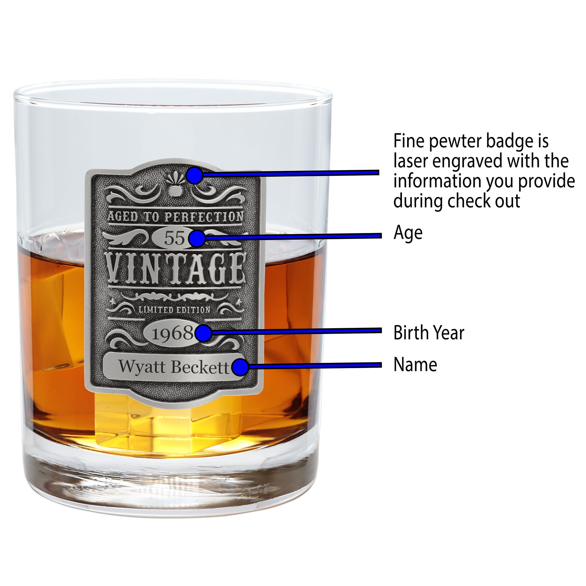 Indiana Metal Craft 13 Oz Double Old Fashioned Whiskey Rocks Glass with Personalized Vintage Aged to Custom Year, name, and age Pewter Emblem. Great for Birthdays and Anniversaries - USA Made