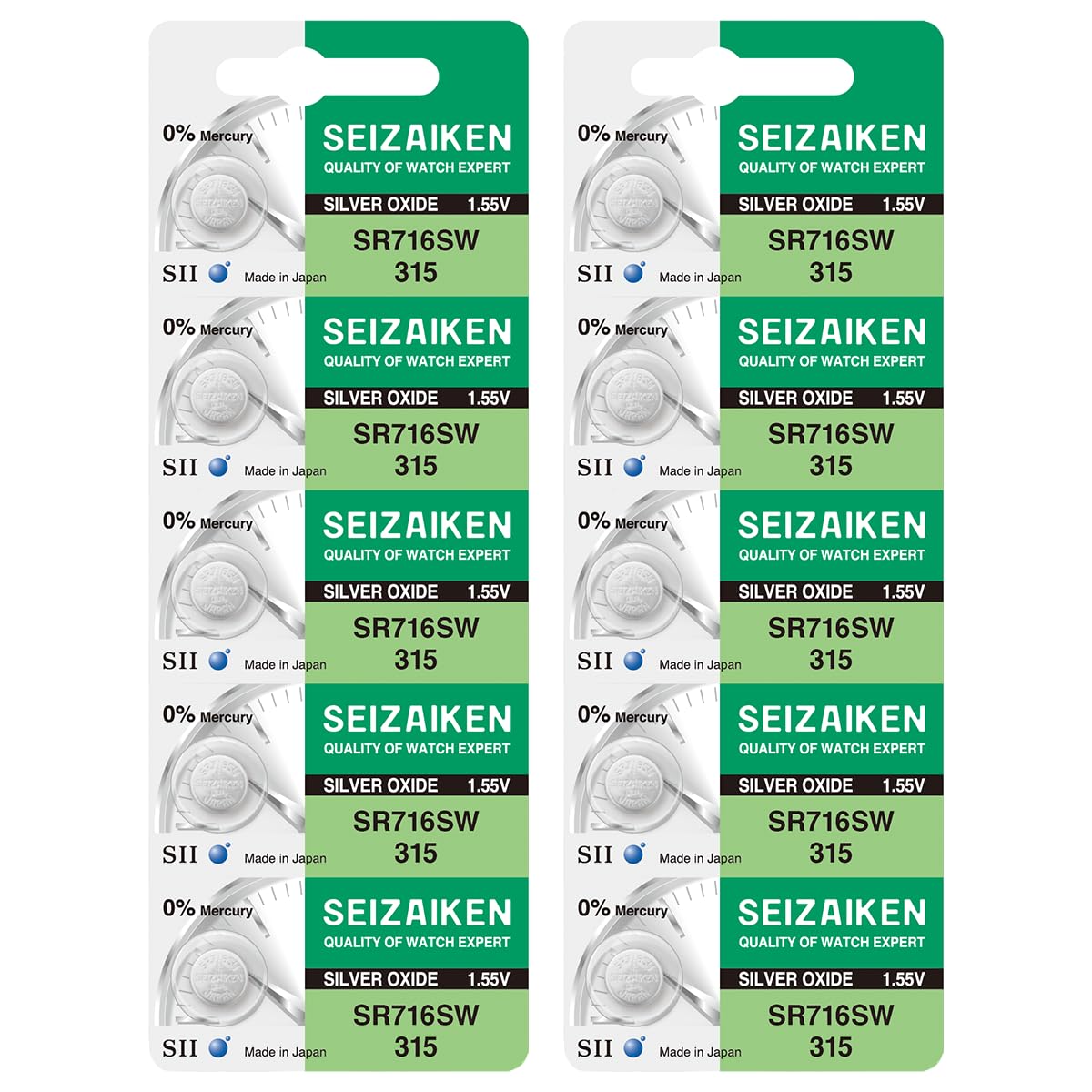 315 SR716SW 1.55V 0% Hg Silver Oxide Watch Battery (10 Batteries) Made in Japan by Seiko