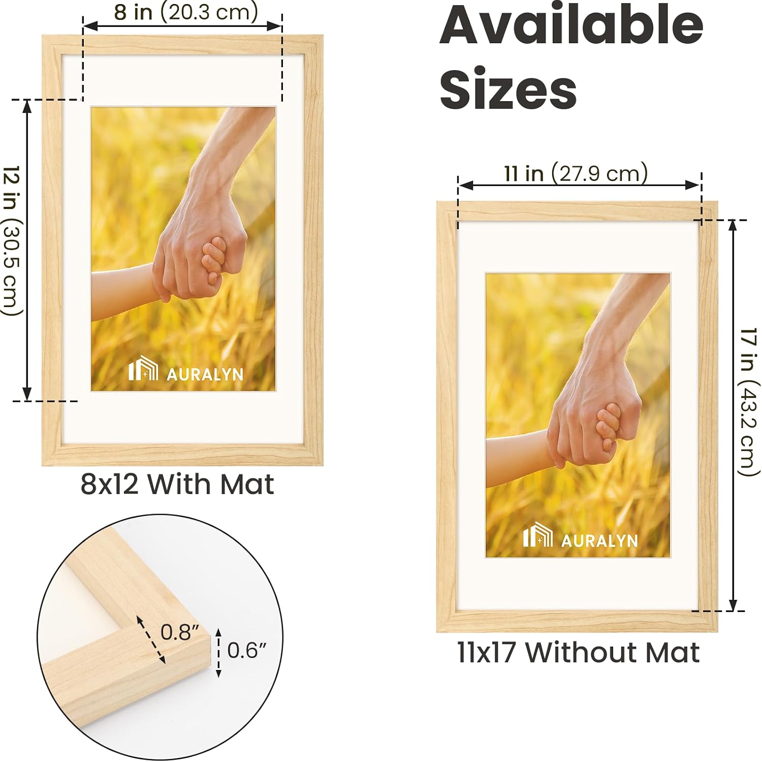 AURALYN Wall Frames 11x17 Picture Frames Set of 3 – Fits 8x12 with Mat or 11x17 Without Mat – Wood Grain, Easy to Hang, Finger-Friendly, Includes Hanging Kit (Wood Frames, 3 Pack) image 4