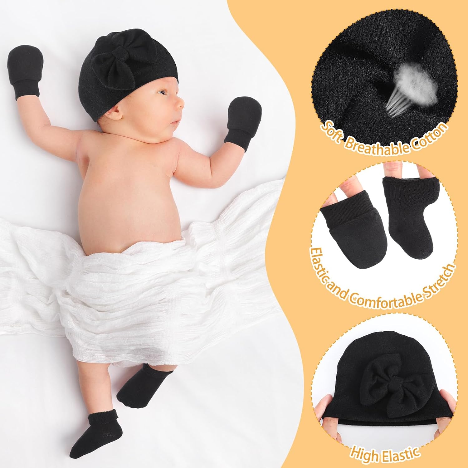 Toulite 4 Pack Preemie Baby Hats Mittens and Socks Set Premature Newborn Baby Girl Cotton Bow Knot Caps for Nicu Girl Boy