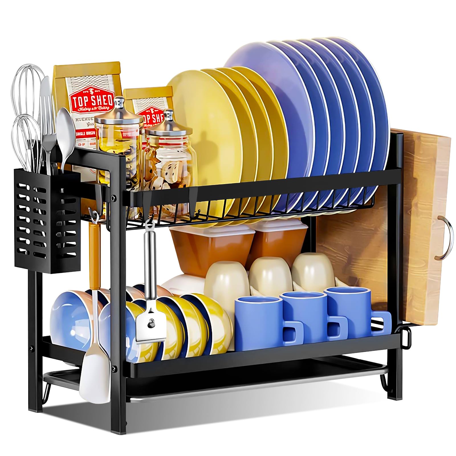 Escurreplatos de 2 Niveles, Escurreplatos sobre Fregadero,Inoxidable con Gancho Extraíble,Bandeja Antigoteo,Soporte para Cubiertos, Soporte para Tablas de Cortar,Escurridor de Platos Negro