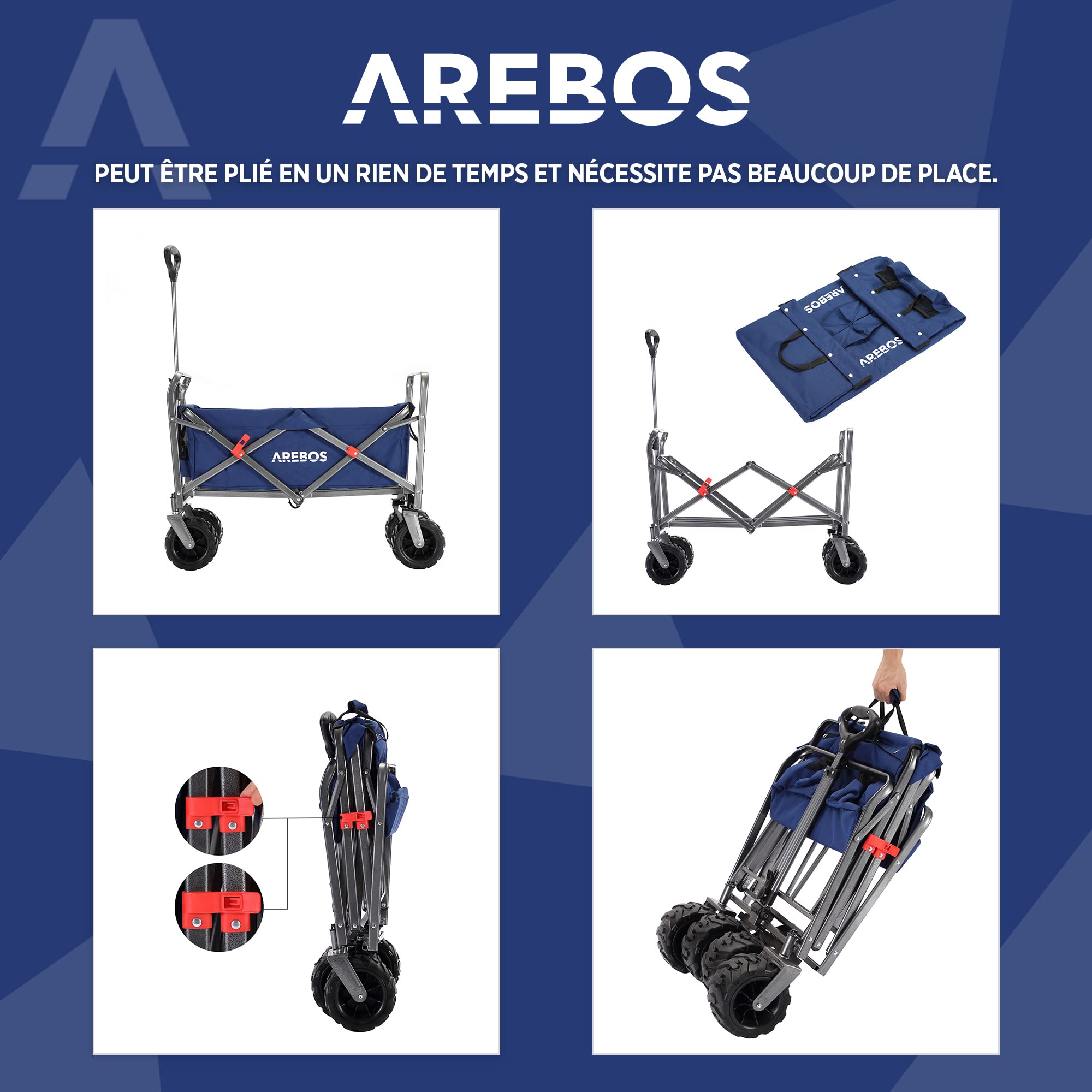 Arebos Chariot Pliable de Transport | Bollerwagen Pliable Tout-Terrain avec Roues XL | Chariot de Jardin et Plage | Chariot de Courses Robuste pour Camping, Pique-Nique et Loisirs | Bleu