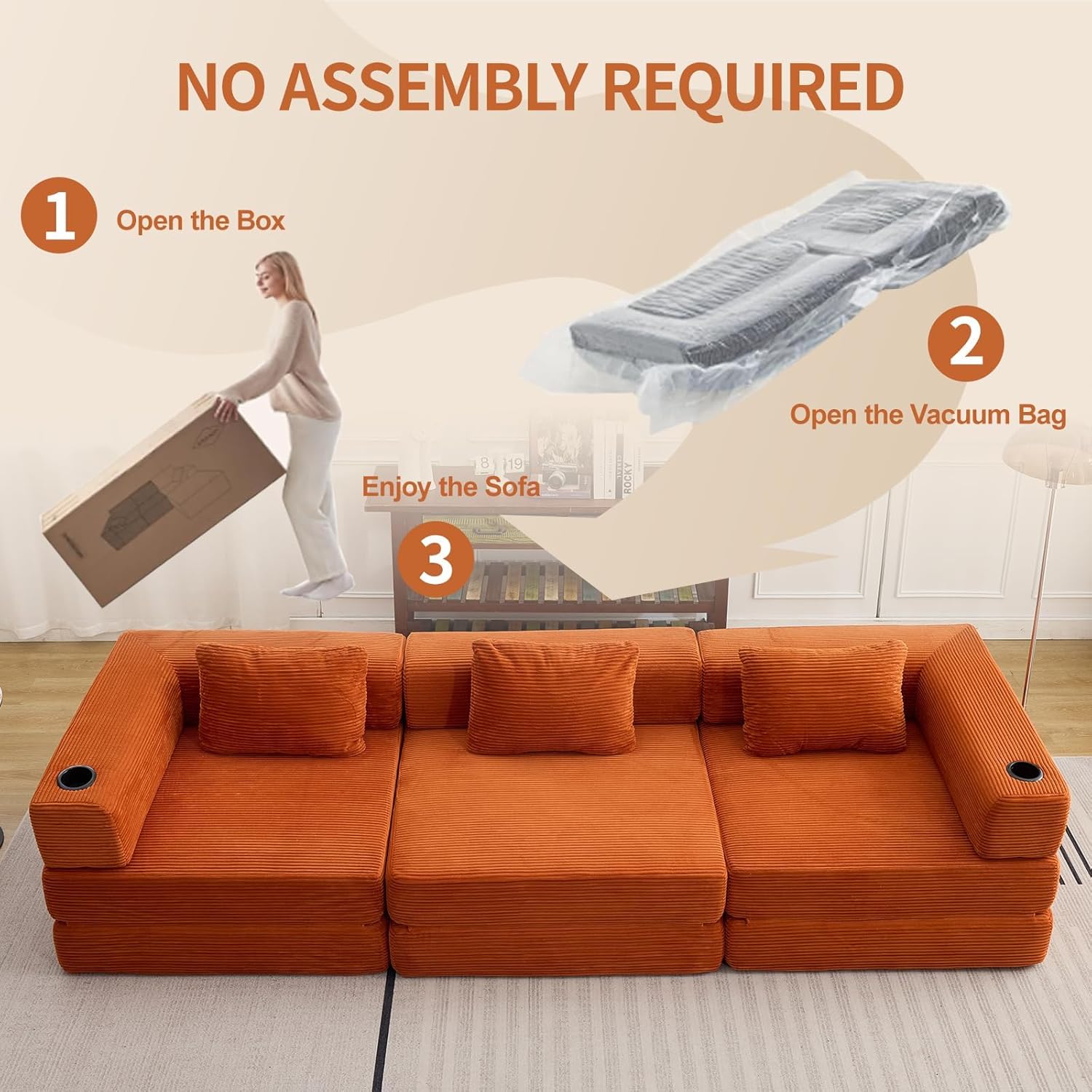 118" Oversized Sectional Couches, Convertible Floor Sofa Bed with Cup Holder, Boneless Foldable Mattress Cloud Couch with Pillow Back & Armrest for Living Room Bedroom Lounge(Corduroy, Orange)