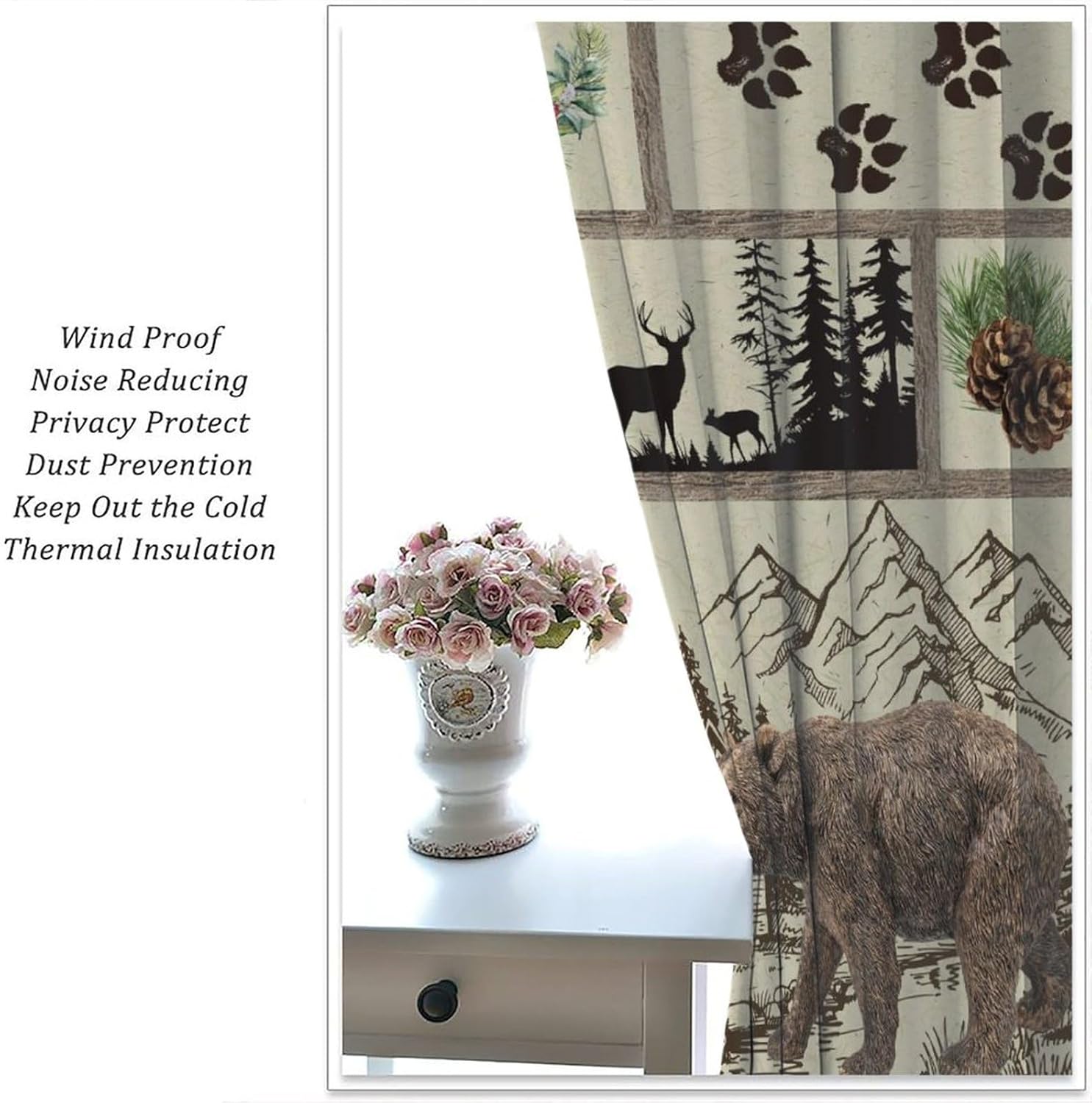 Rustic Cabin Bear Curtains, Vintage Wood Forest Bear RV Camping Farmhouse Country for Room Window Decor, Rod Pocket Print Blackout Drapes for Living Room Bedroom Kitchen 2 Panel Set 42"W X 45"L