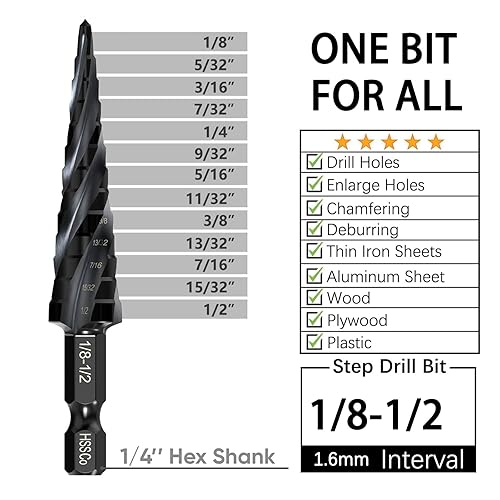 Miniatura 6 de ENBMEI Broca escalonada de cobalto M35 - 18" a 12" (13 tamaños) - Flauta Unibit de cuatro espirales - vástago hexagonal de 14 pulgadas - Broca de