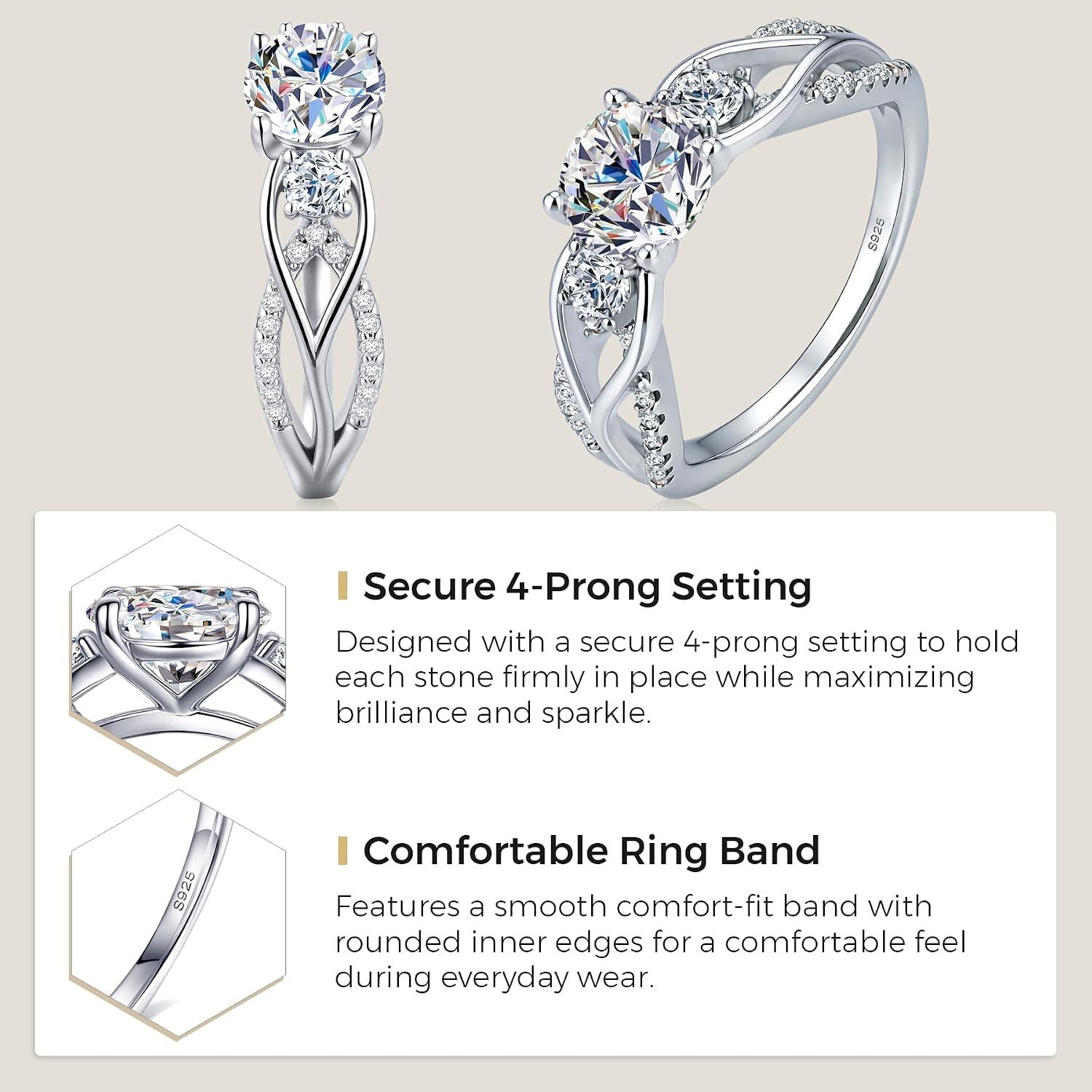 Moissanite Engagement Rings for Women, 1-2CT D Color VVS1 Round Cut, Twisted Promise Ring for Her, 925 Sterling Silver Wedding Anniversary Valentines Bridal Gift with GRA Certificate