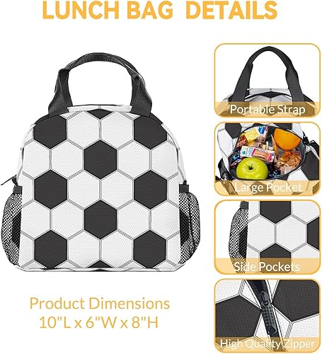 Miniatura 10 de Lonchera de fútbol personalizada para niños, lonchera aislada para niños, lindas bolsas de almuerzo portátiles blancas, pequeña bolsa de almuerzo
