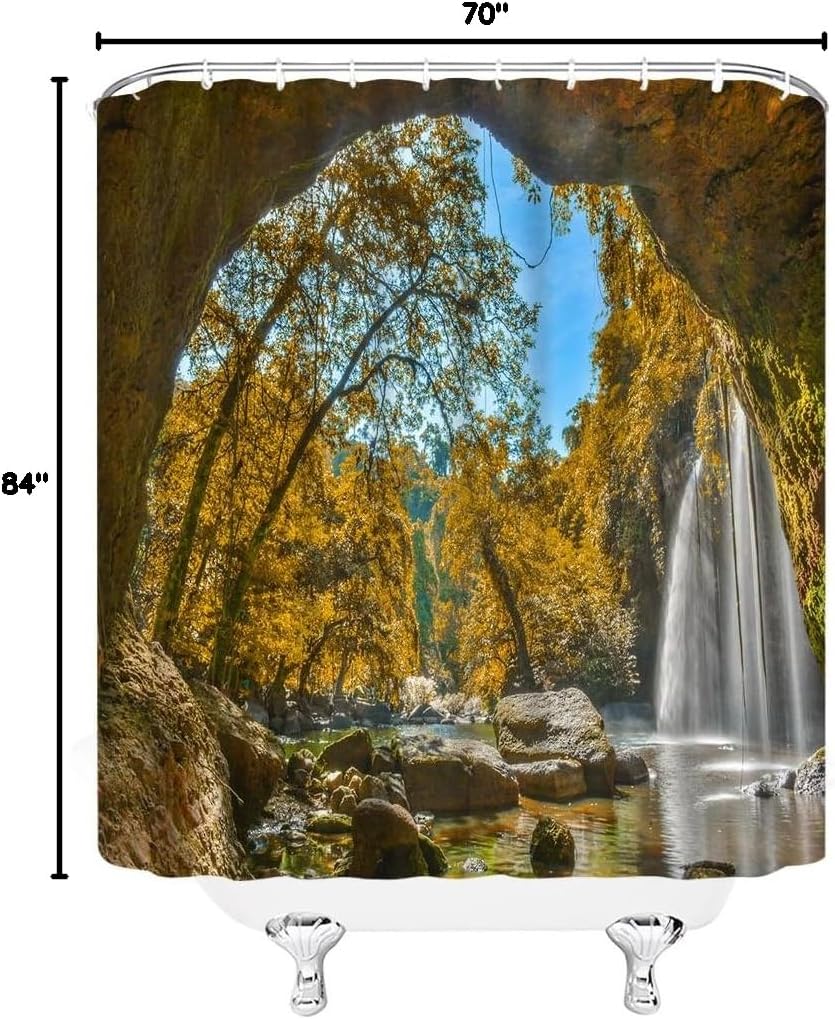 Waterfall Shower Curtain Tropical Cave Waterfall Trees Mountain Outdoor Nature Landscape Scenery Spring Fall Fabric Bathroom Decor with Hooks(84" Wx70 H)