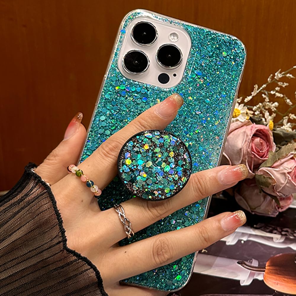 TONZISAN Case for iPhone 15 Case Glitter Bling for Women Girls Sparkle Cover, with Ring Stand Holder Protective Case 6.1 inch (Green)