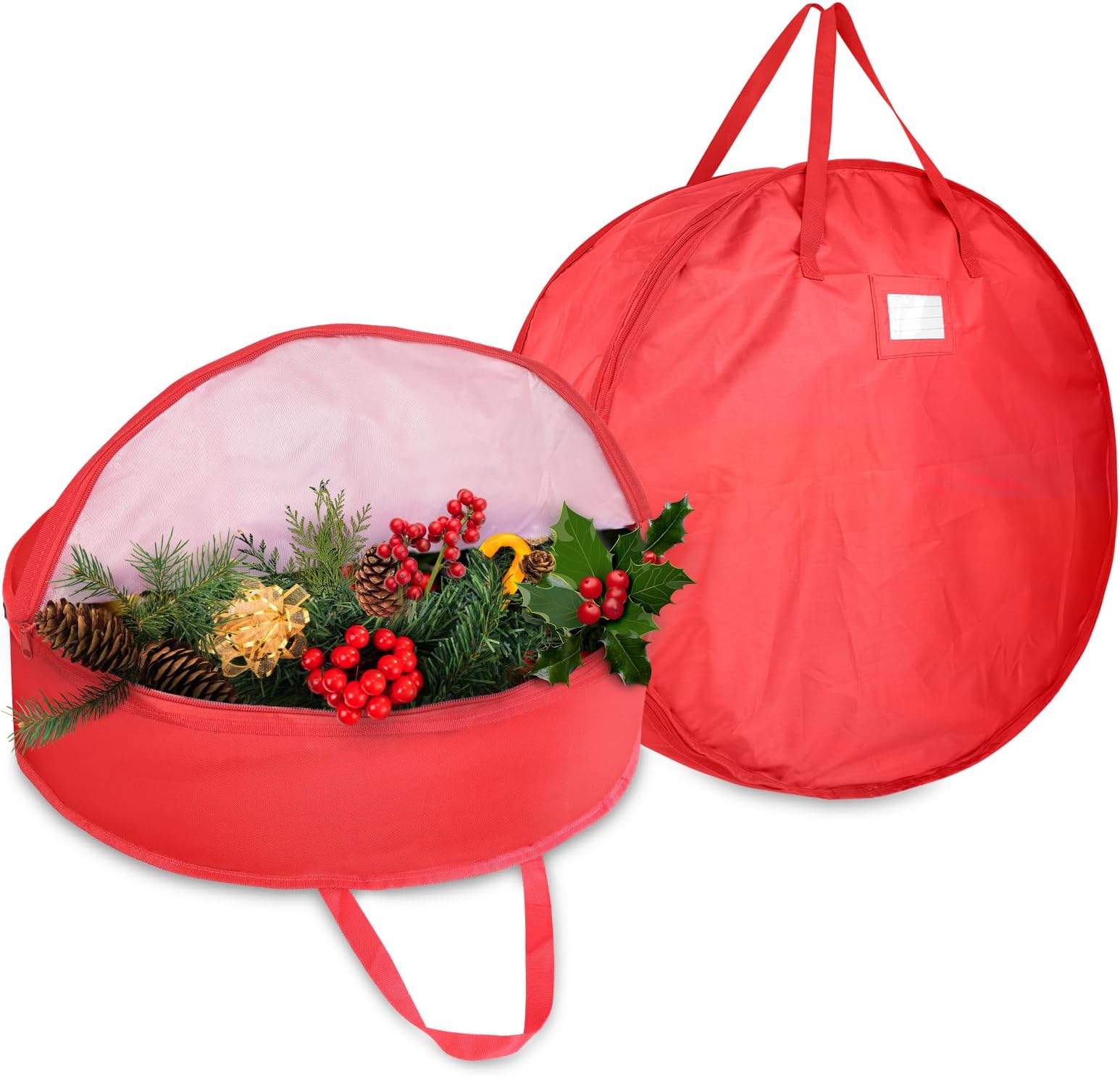 Demao Christmas Wreath Storage Bag - 2 Pack - Durable Container for Artificial Garland Holiday Xmas Wreaths Holder with Sturdy Handles - Card Slot Dual Zipper - 420D Oxford Material - 30 Inch, Red