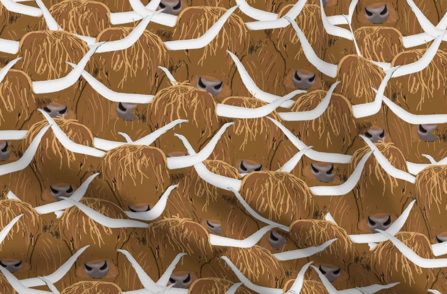 SpoonflowerFabric - Scottish Highland Cows Cattle Farm Brown Cow Herd Printed on Denim Fabric Fat Quarter - Bottomweight Apparel Home Decor Upholstery