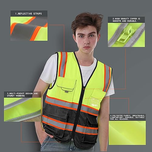 Miniatura 4 de YAFOWUK Chaleco de seguridad reflectante de neón con 7 bolsillos clase 2 de alta visibilidad, con bolsillos y cremallera frontal, cumple con las