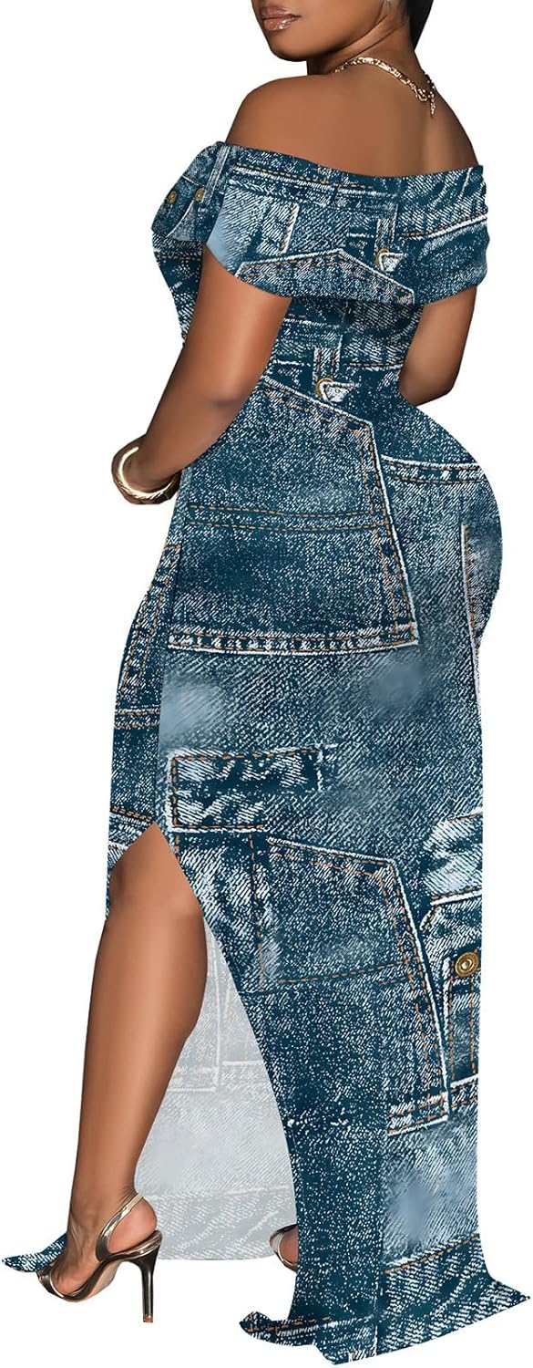 Yuopeid Women's Sexy Off Shoulder Bodycon Maxi Dresses Fashion Printed High Split Clubwear Party Long Dress - Image 3