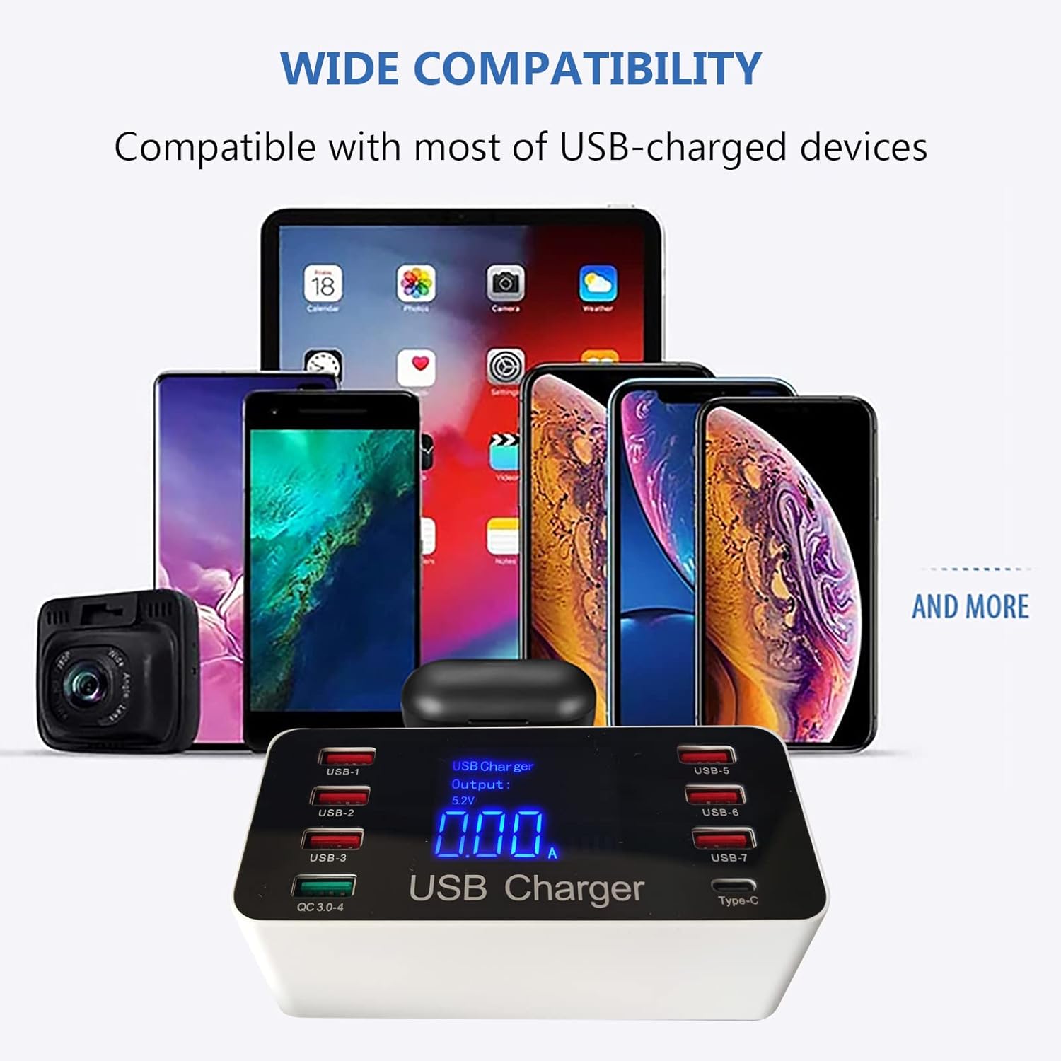 Multiple USB Charger, 40W 8-Port Desktop Charging Station with Quick Charge 3.0, Type C Port and LCD Display for Smartphones, Tablets and More