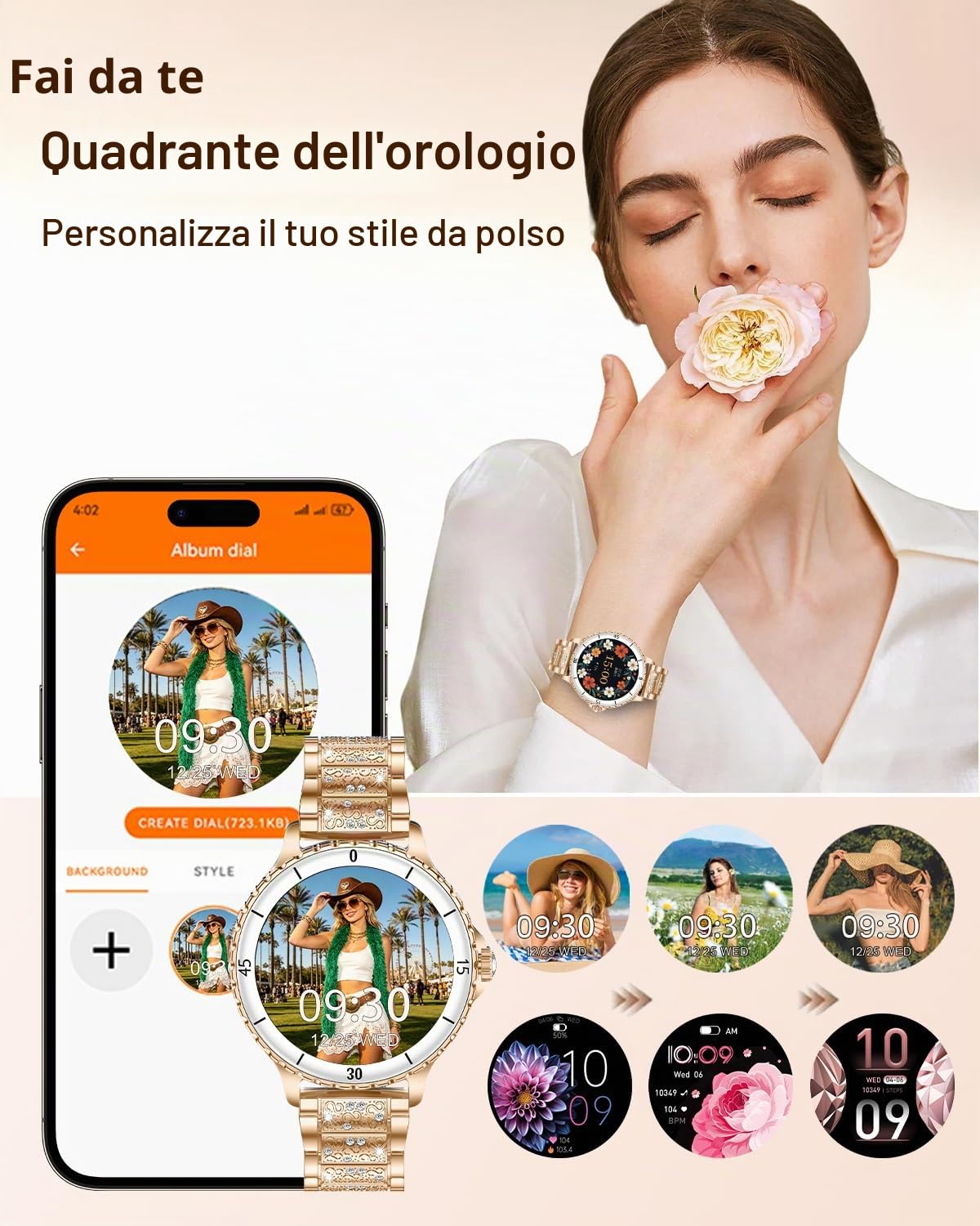 Smartwatch Donna Chiamate Bluetooth, 1.27" Orologio SmartWatch Rotondo con Cinturino di Diamante, Compatibile Android/iOS, IP68 Impermeabile Fitness Trackert con 120+ Sportive, Sonno, SpO2, Oro Rosa