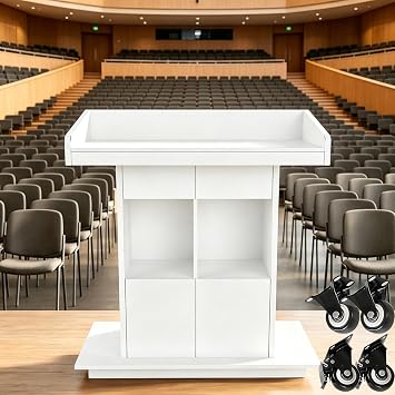 Podium Stand, Pulpits for Churches, Podium Stand with Lockable Wheels, Portable Pulpit with Storage, Easy Installation Wooden Lectern for Restaurants, Churches and Schools,White