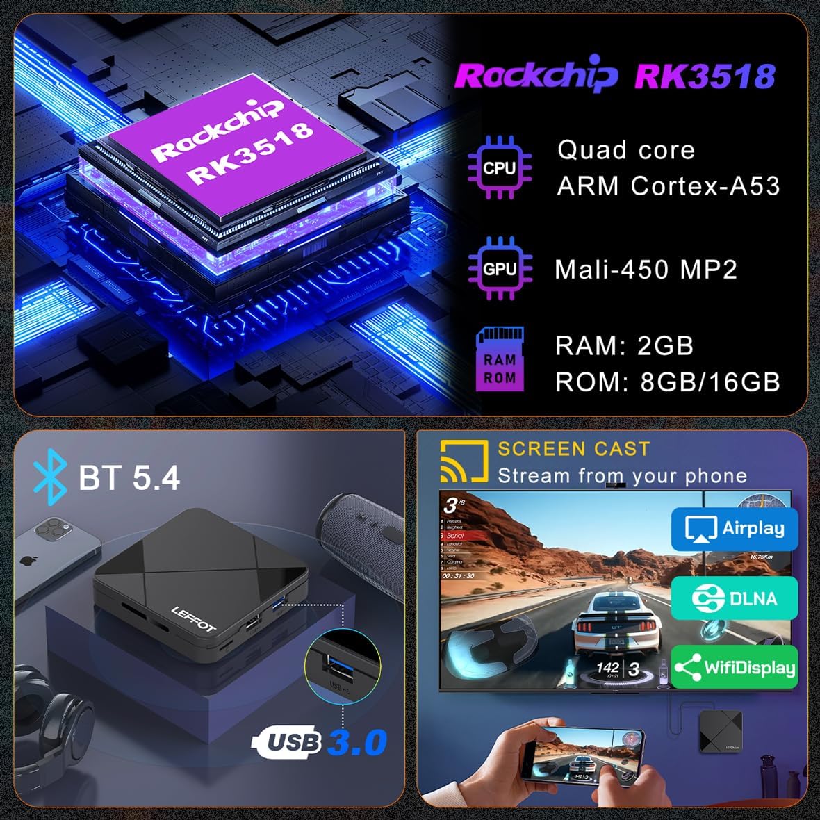 Rockchip RK3518 Processor, BT 5.4, USB 3.0, and Screen Cast