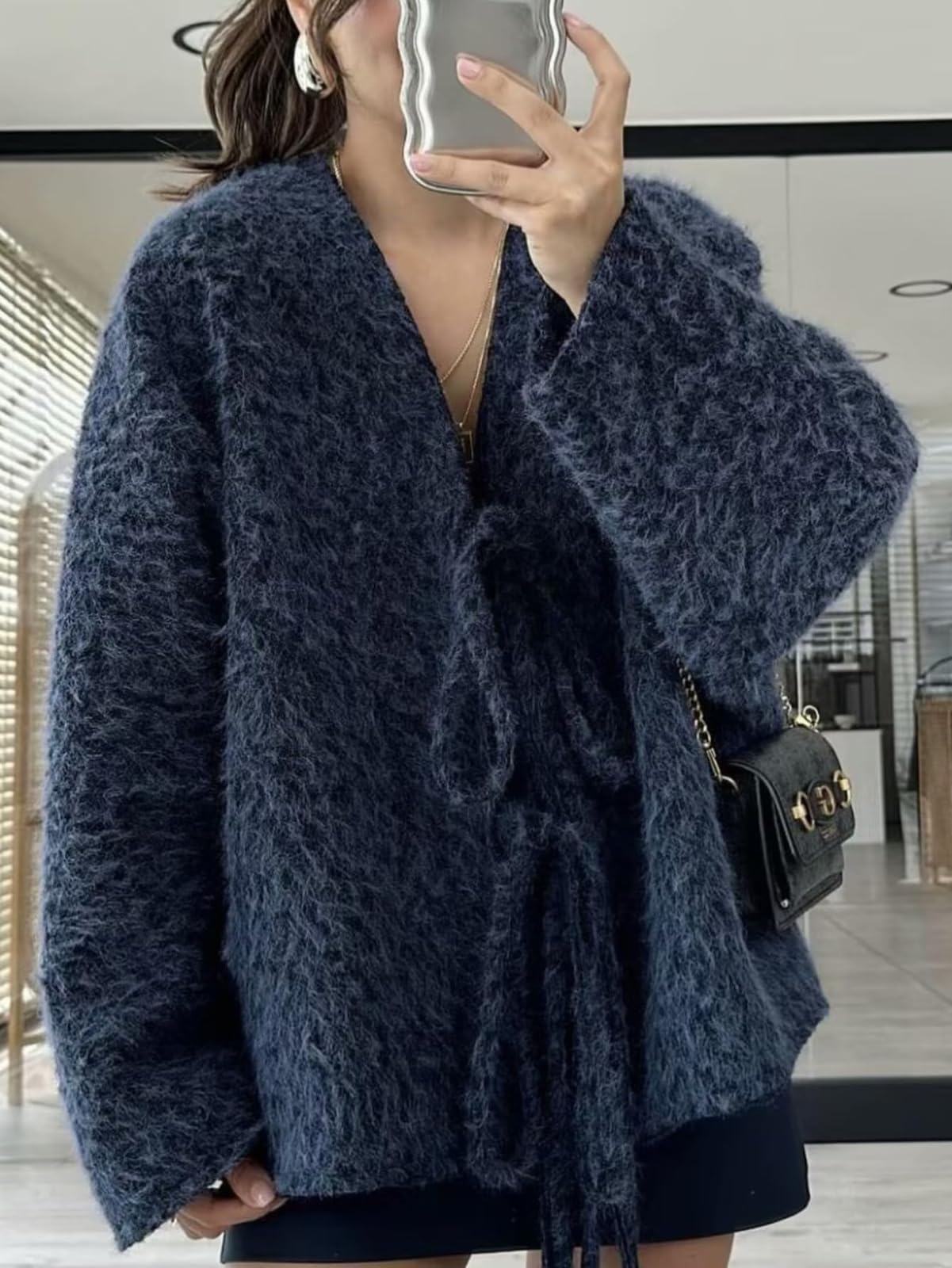 LXURY Chaqueta tipo cárdigan afelpada para mujer, abrigo cálido de gran tamaño con lazo y cuello en V, ropa de abrigo informal holgada de manga larga para otoño e invierno
